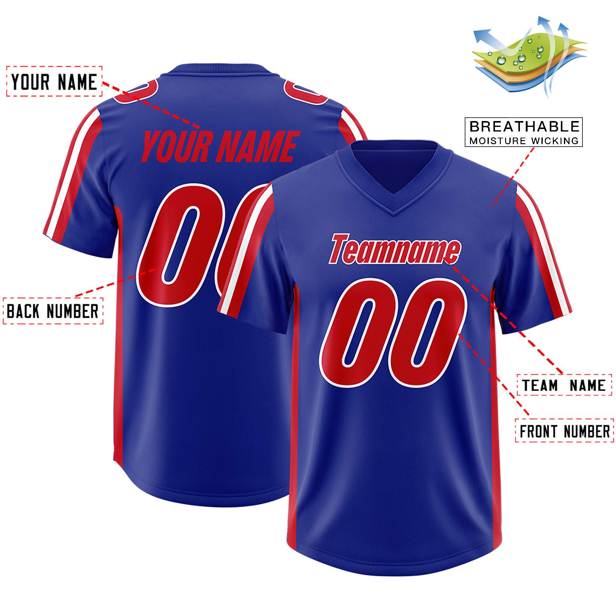 Custom Royal Red and White Side Stripe Pattern Authentic American Football Jersey