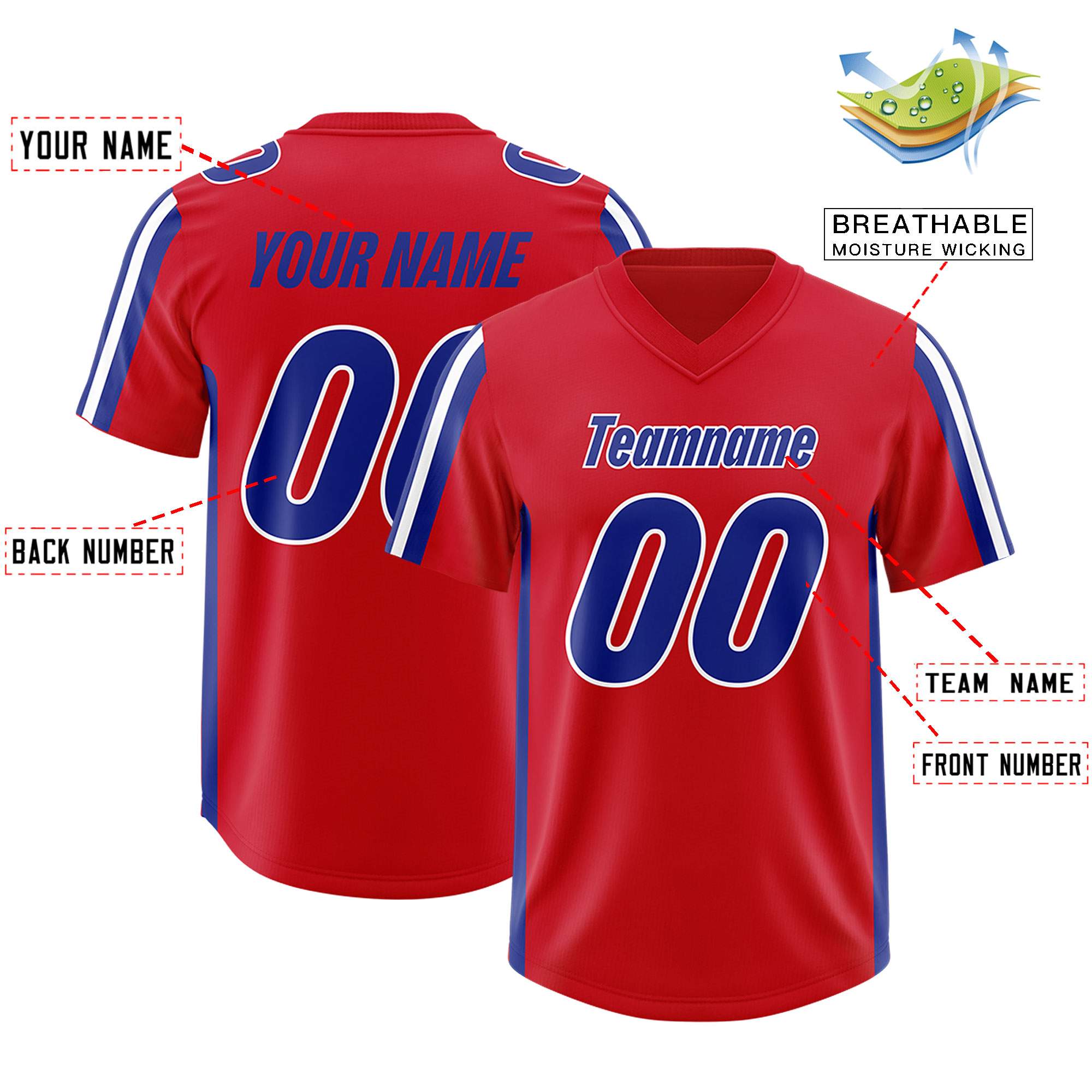 Custom Red Royal and White Side Stripe Pattern Authentic American Football Jersey
