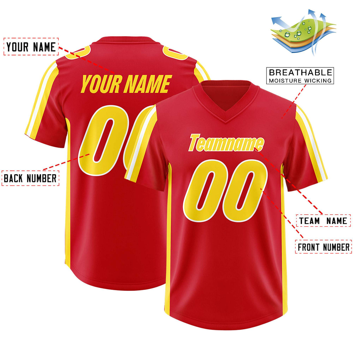 Custom Red Gold and White Side Stripe Pattern Authentic American Football Jersey