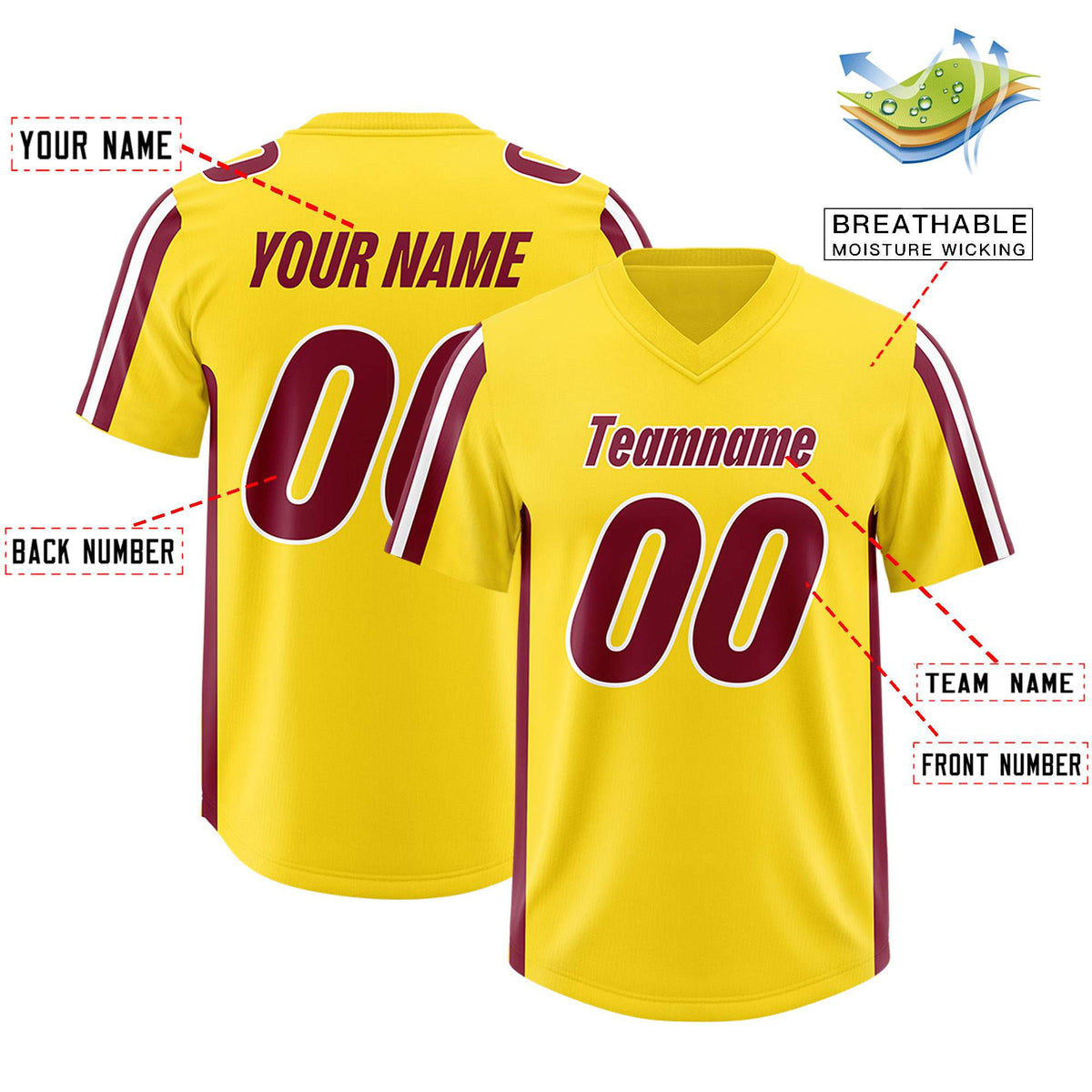 Custom Gold Cardinal and White Side Stripe Pattern Authentic American Football Jersey