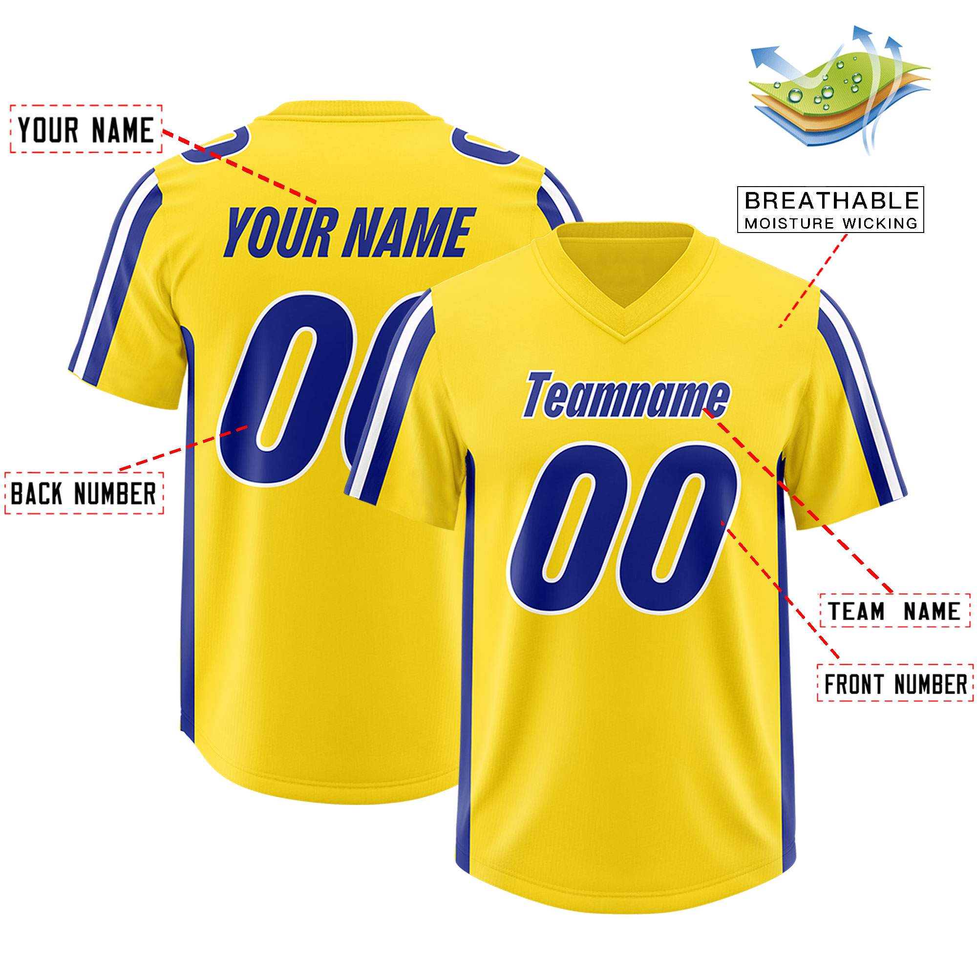 Custom Gold Royal and White Side Stripe Pattern Authentic American Football Jersey