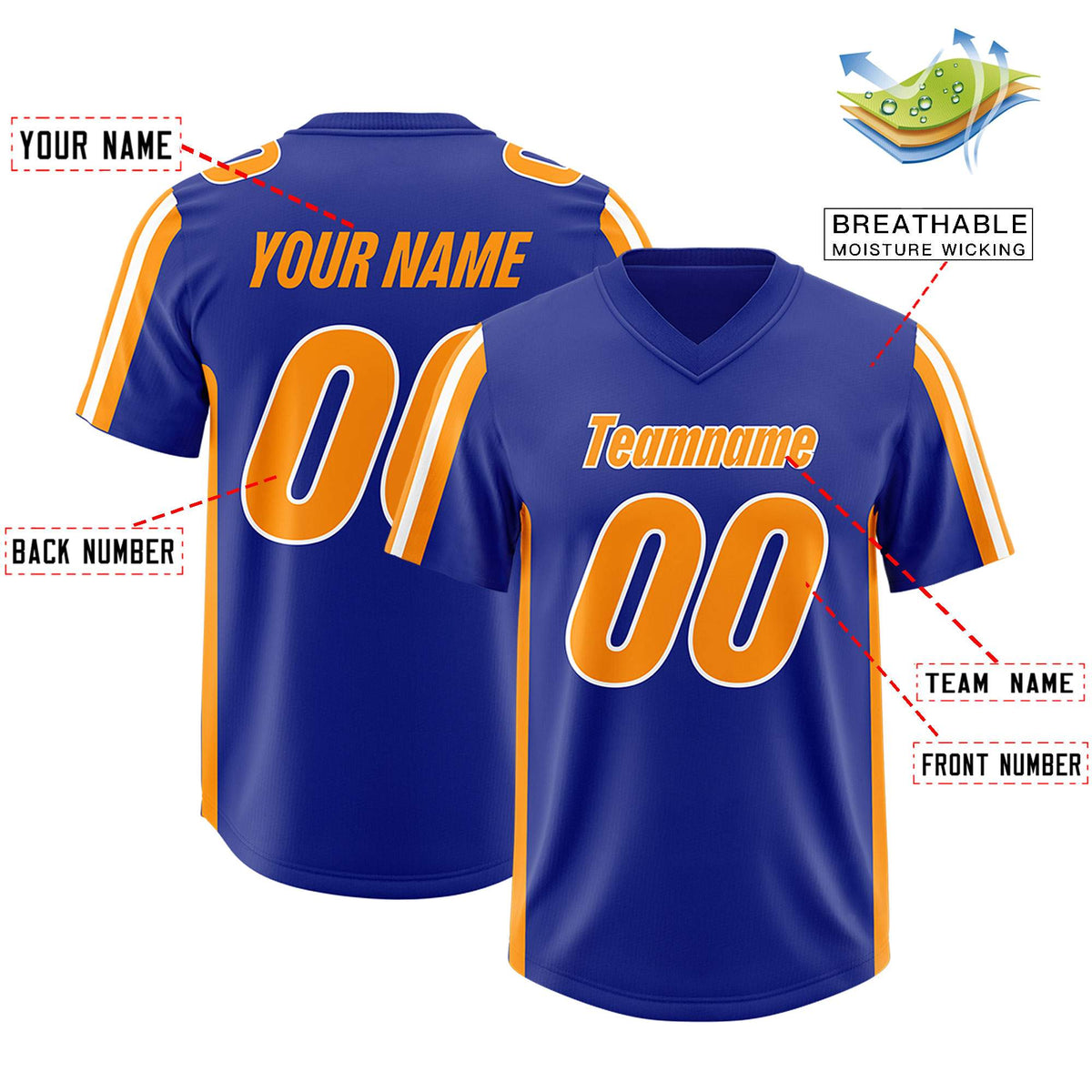 Custom Royal Gold Orange and White Side Stripe Pattern Authentic American Football Jersey