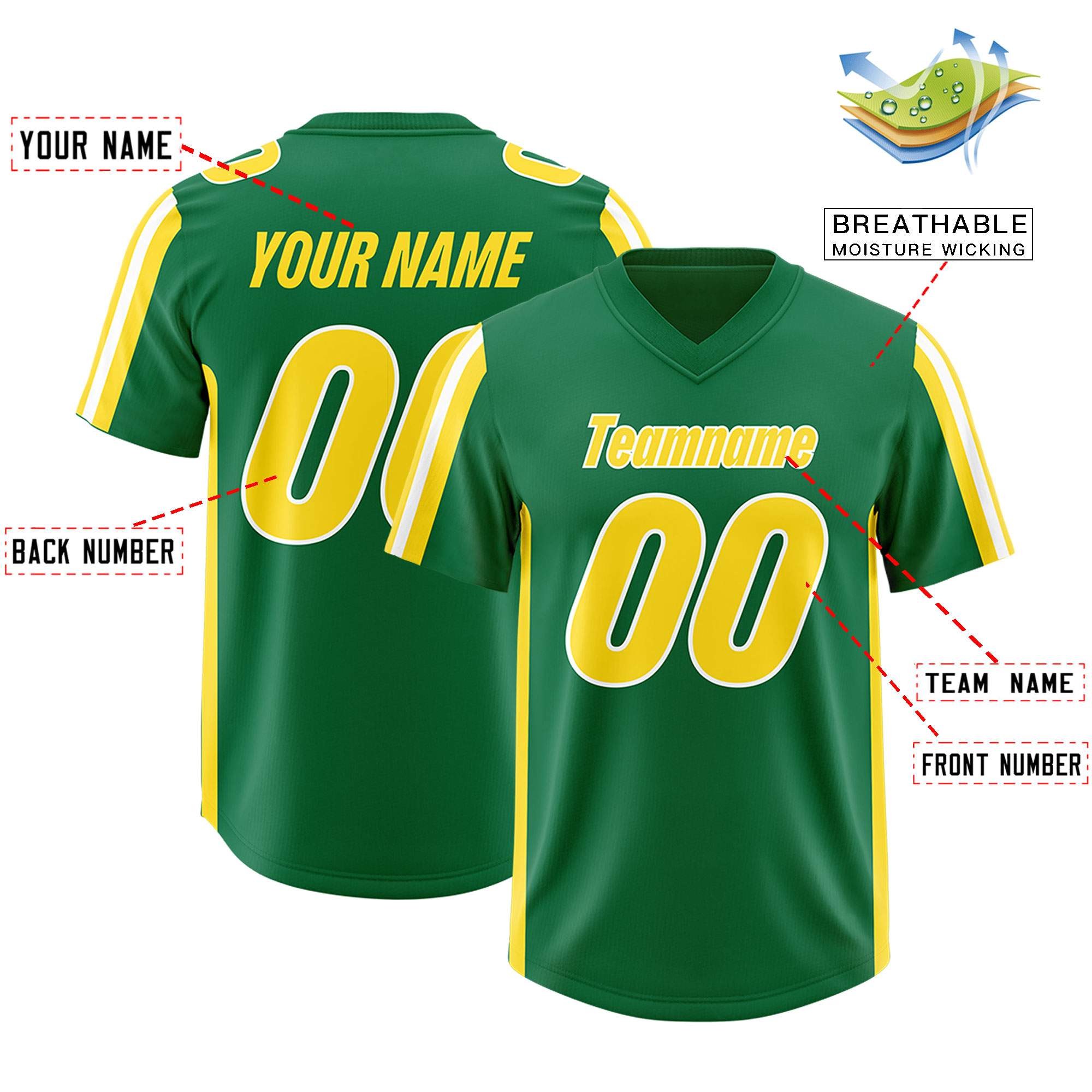 Custom Kelly Green Gold and White Side Stripe Pattern Authentic American Football Jersey
