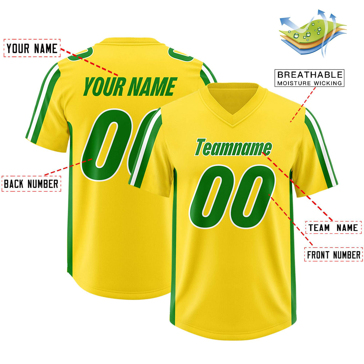 Custom Gold Kelly Green and White Side Stripe Pattern Authentic American Football Jersey