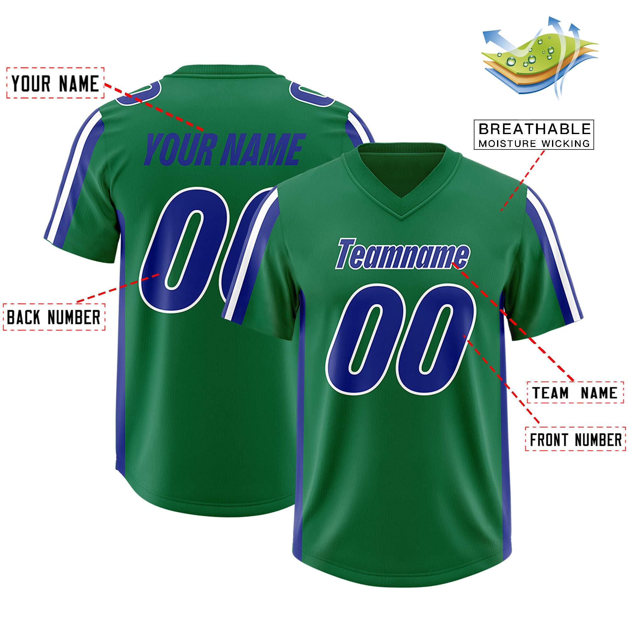 Custom Kelly Green Royal and White Side Stripe Pattern Authentic American Football Jersey