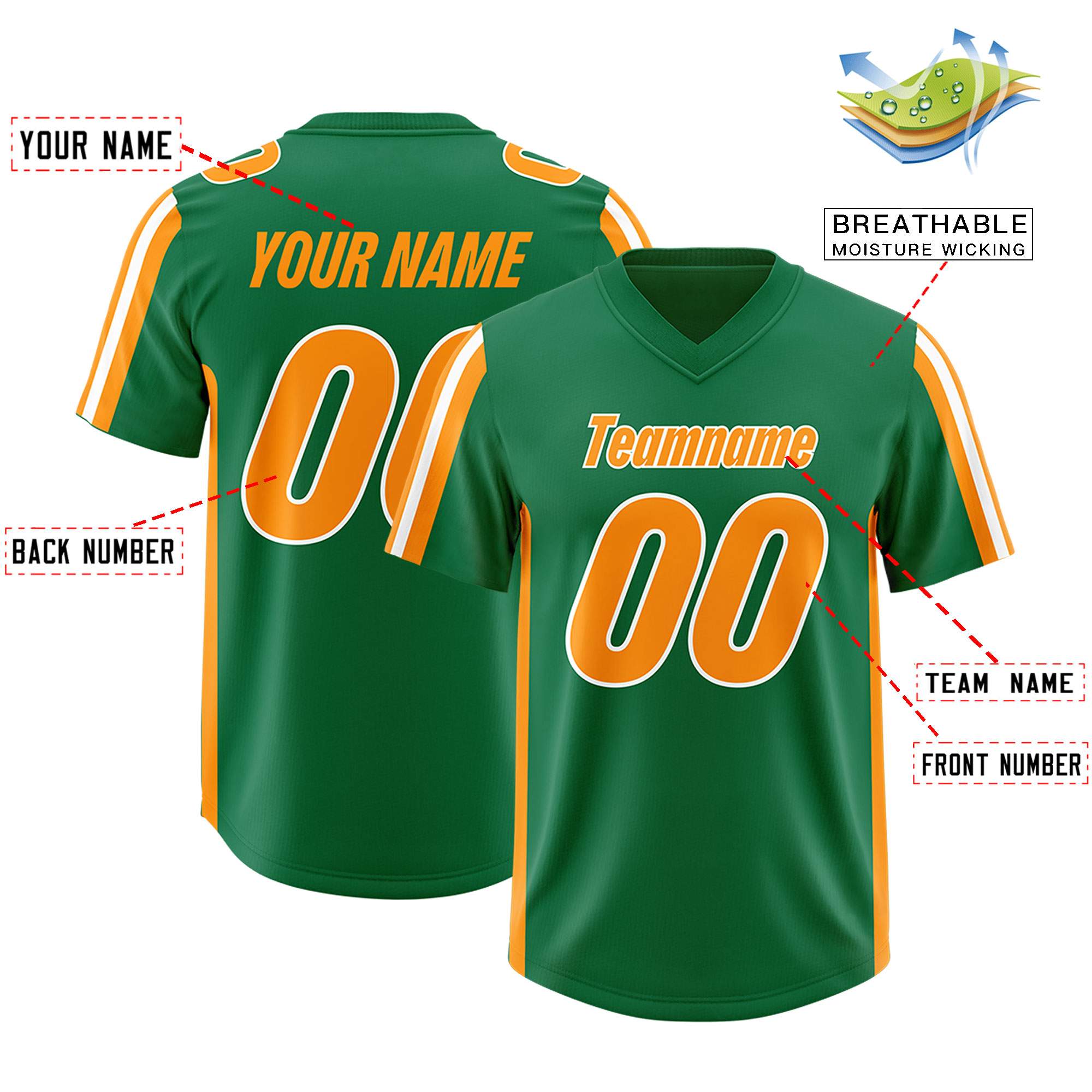 Custom Kelly Green Gold Orange and White Side Stripe Pattern Authentic American Football Jersey