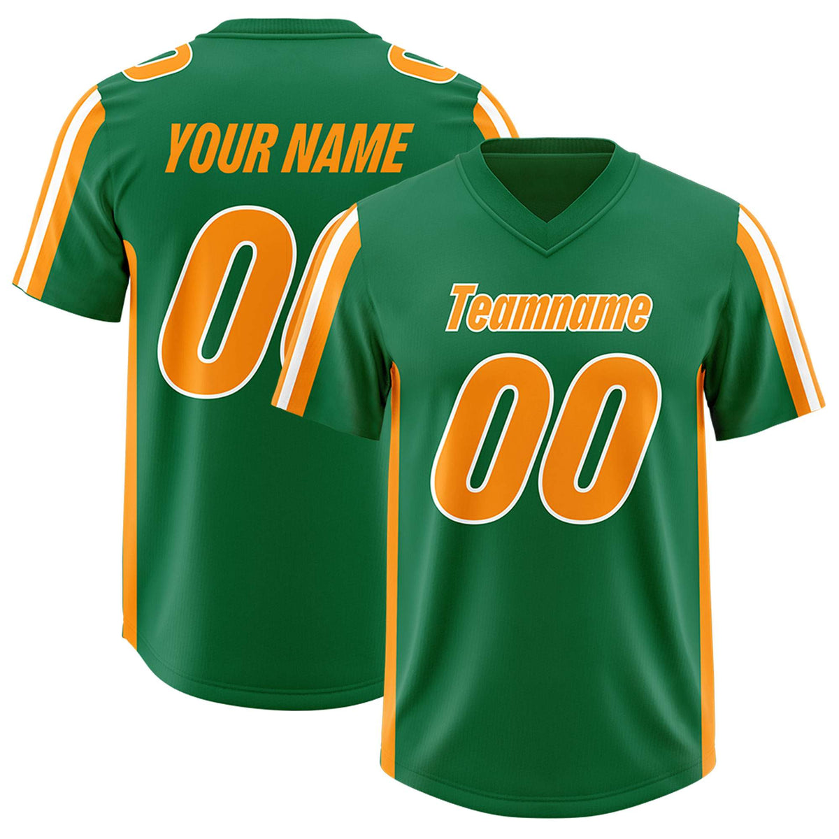 Custom Kelly Green Gold Orange and White Side Stripe Pattern Authentic American Football Jersey