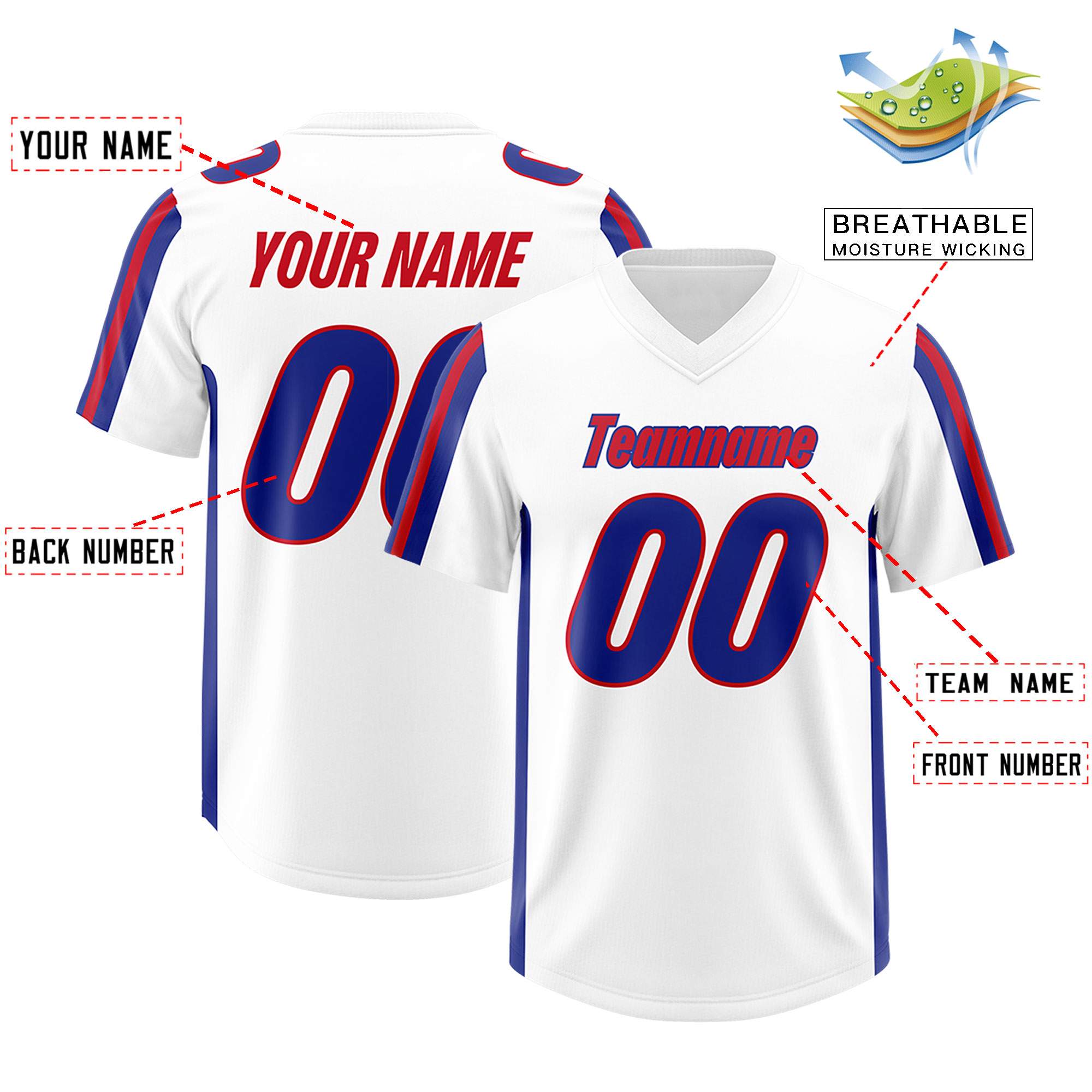 Custom White Royal and Red Side Stripe Pattern Authentic American Football Jersey