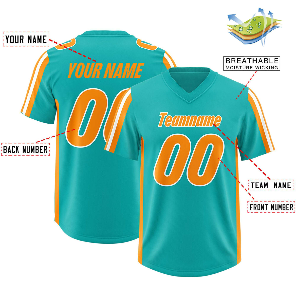 Custom Aqua Orange and White Side Stripe Pattern Authentic American Football Jersey