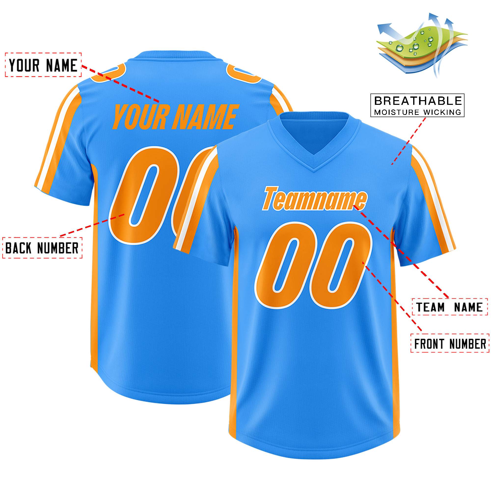 Custom Light Blue Orange and White Side Stripe Pattern Authentic American Football Jersey