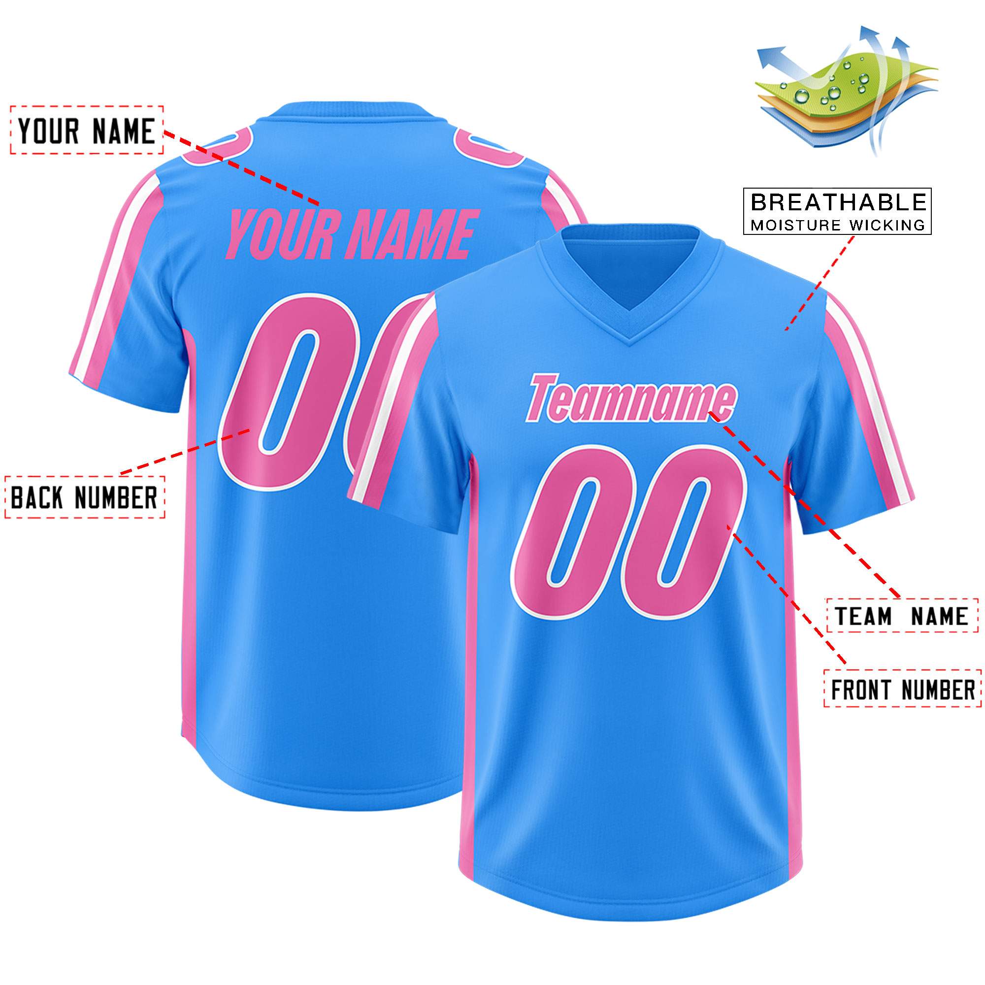 Custom Light Blue Pink and White Side Stripe Pattern Authentic American Football Jersey