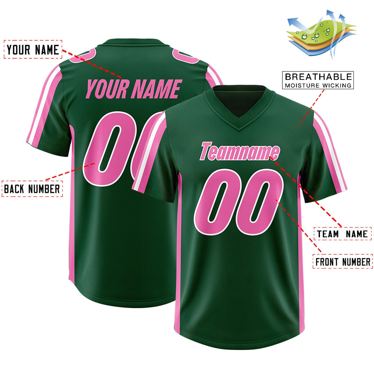 Custom Green Pink and White Side Stripe Pattern Authentic American Football Jersey