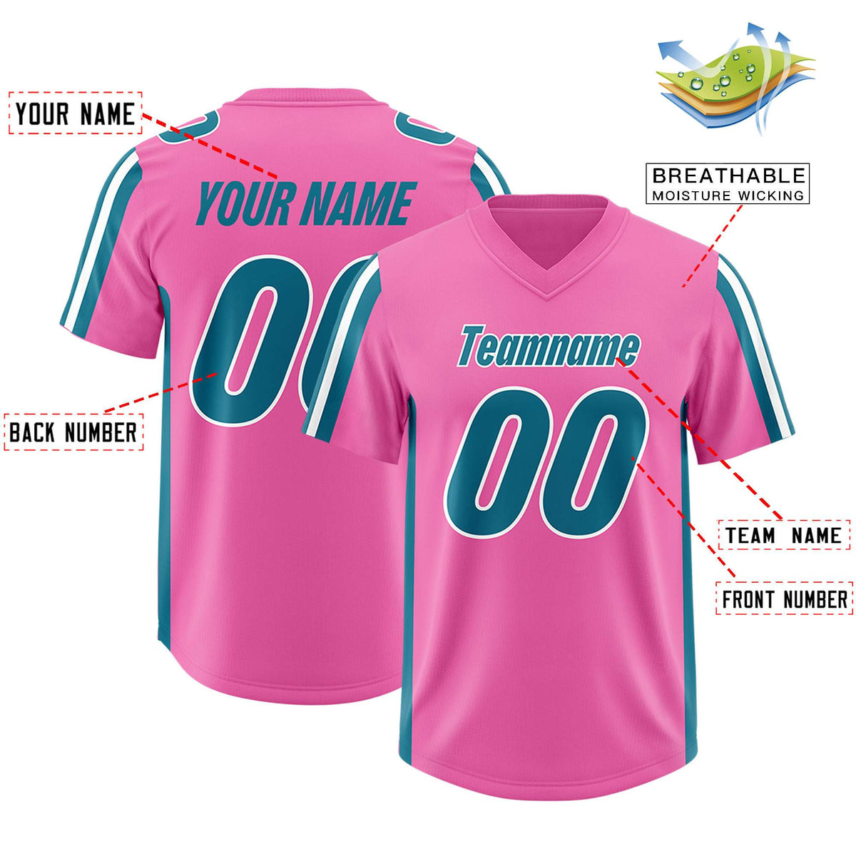 Custom Pink Aqua and White Side Stripe Pattern Authentic American Football Jersey