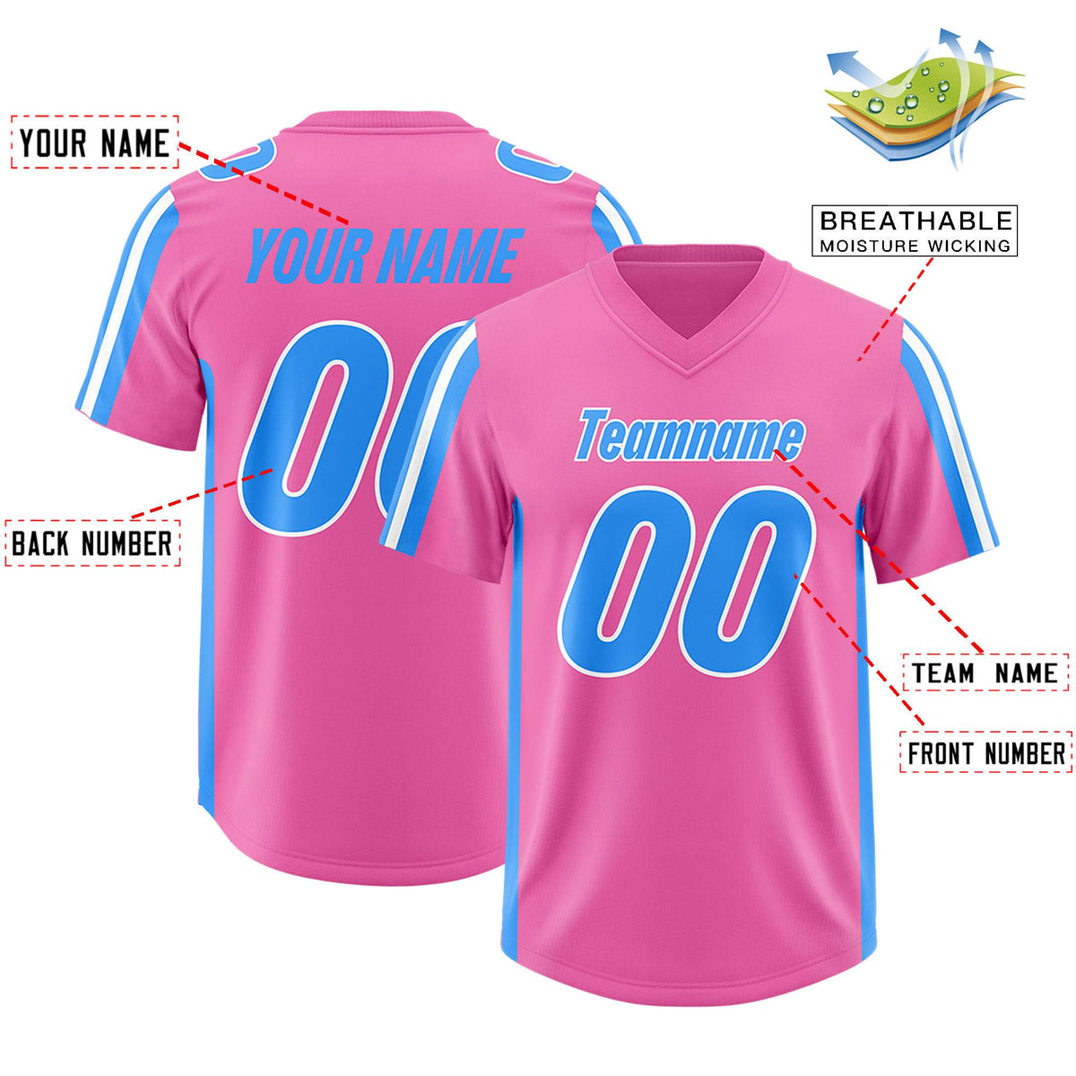 Custom Pink Light Blue and White Side Stripe Pattern Authentic American Football Jersey