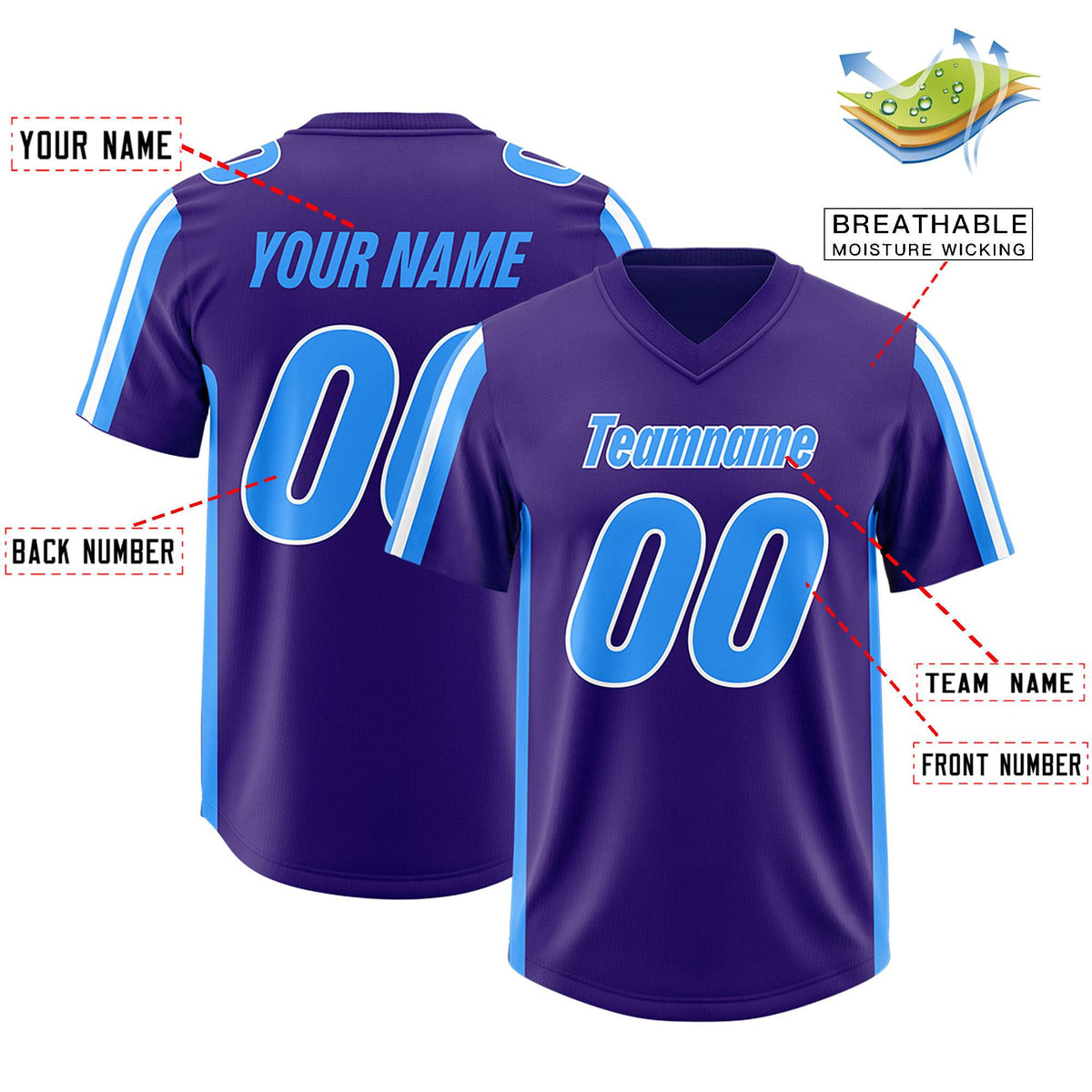 Custom Purple Light Blue and White Side Stripe Pattern Authentic American Football Jersey