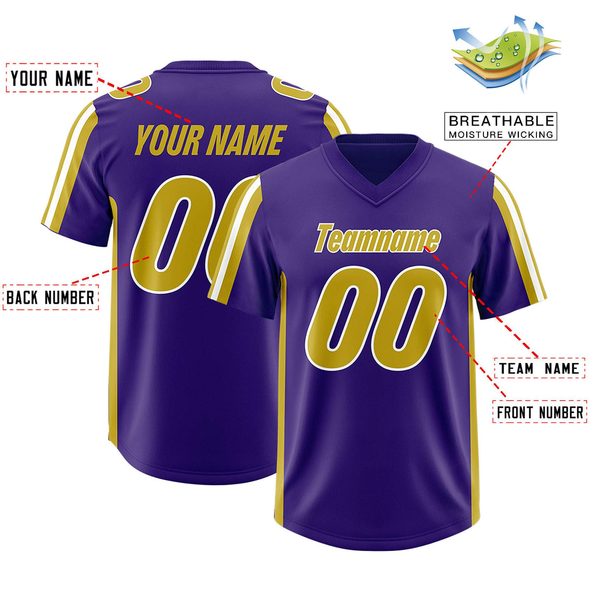 Custom Purple Old Gold and White Side Stripe Pattern Authentic American Football Jersey