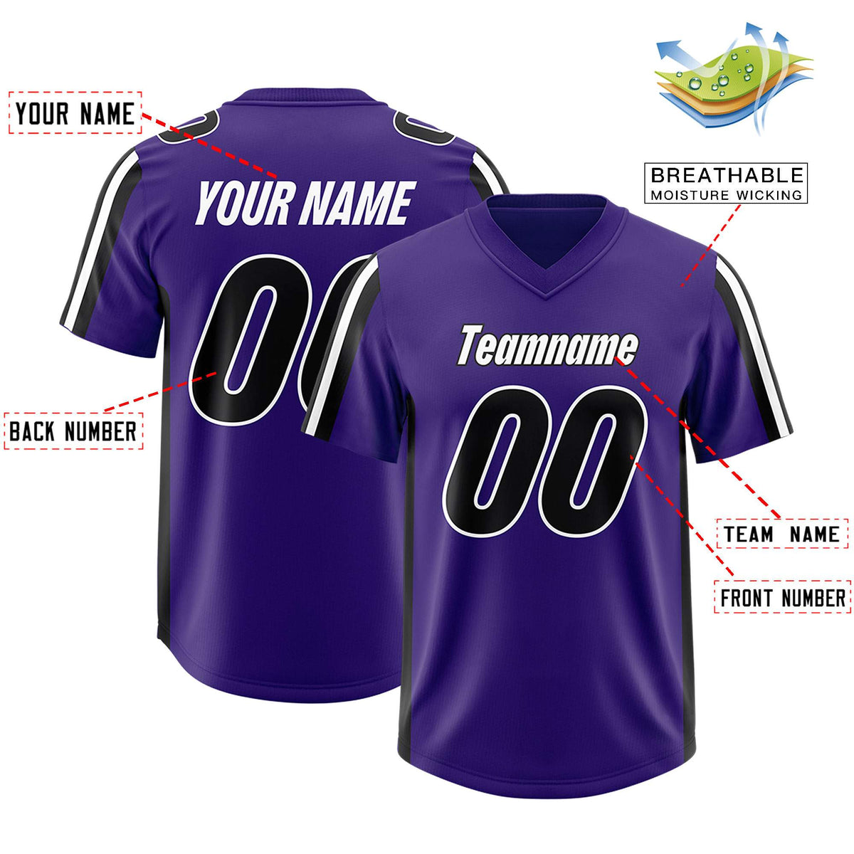 Custom Purple Black and White Side Stripe Pattern Authentic American Football Jersey