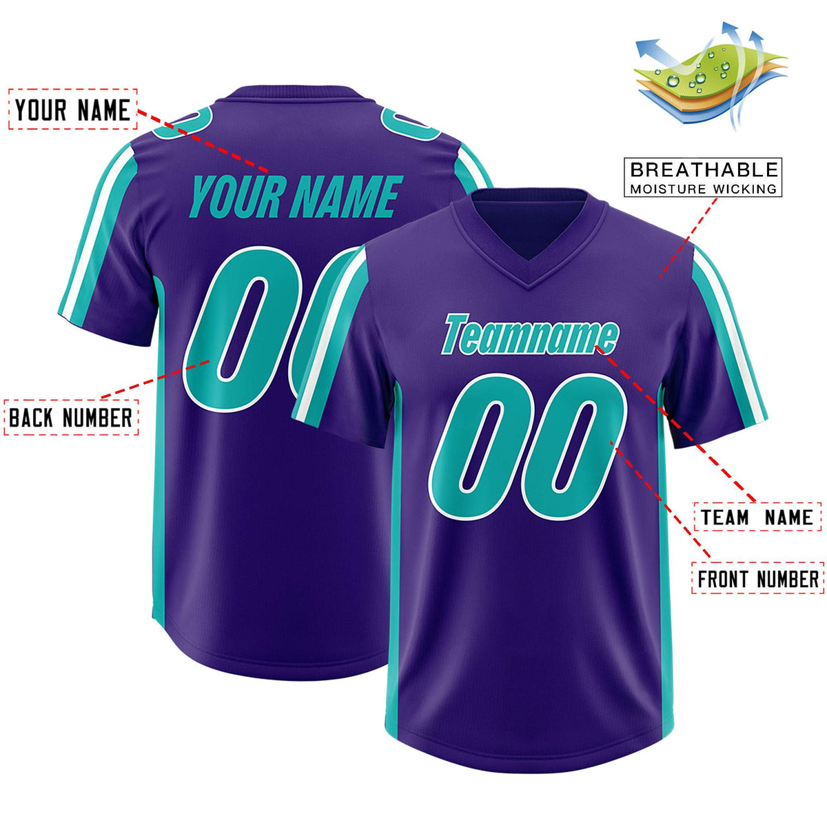 Custom Purple Aqua and White Side Stripe Pattern Authentic American Football Jersey