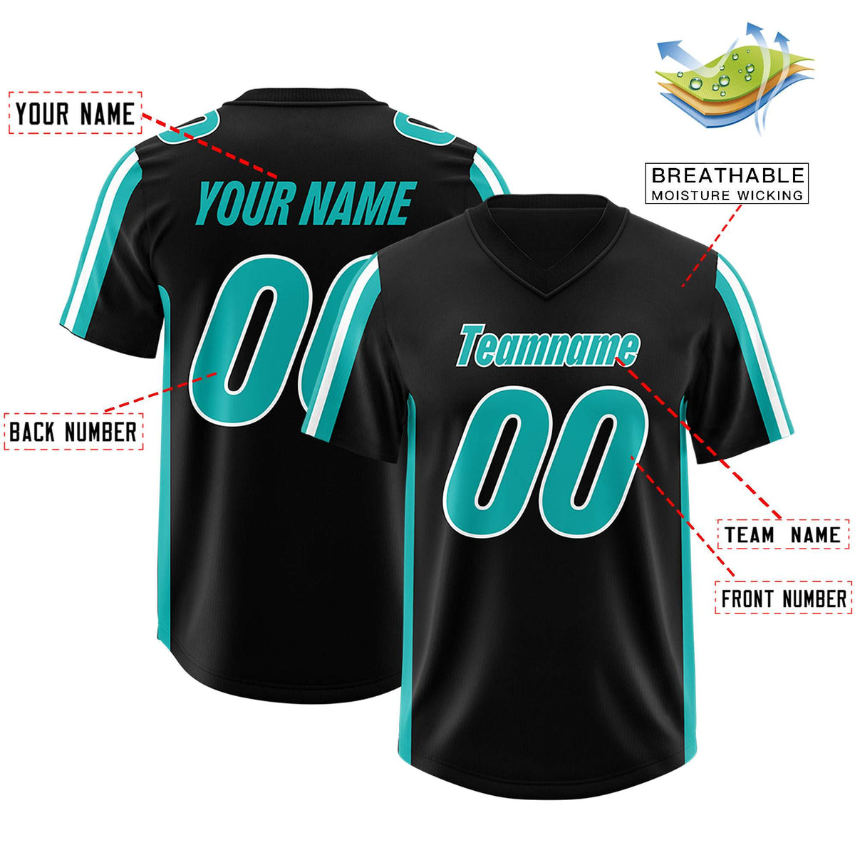 Custom Black Aqua and White Side Stripe Pattern Authentic American Football Jersey
