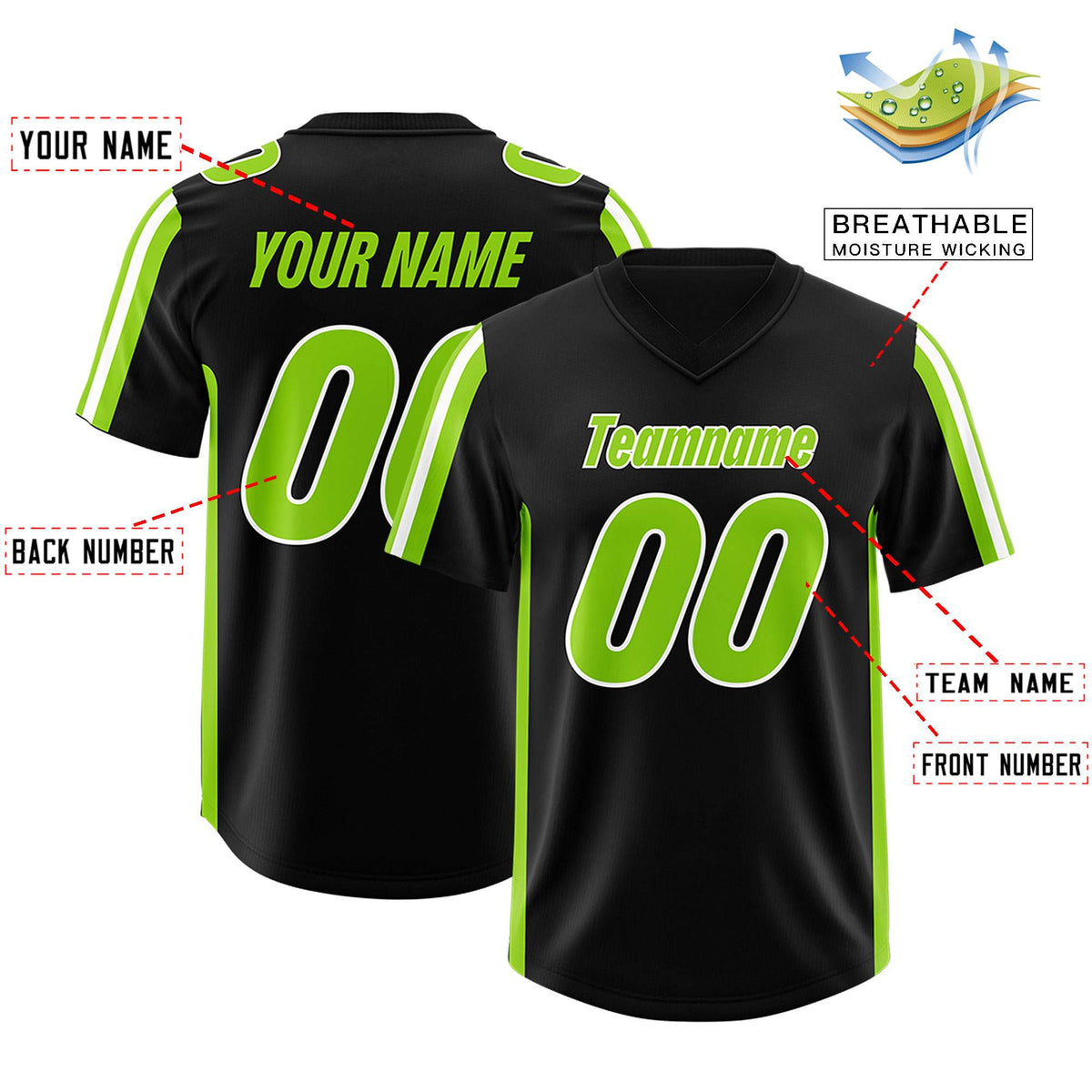 Custom Black Neon Green and White Side Stripe Pattern Authentic American Football Jersey