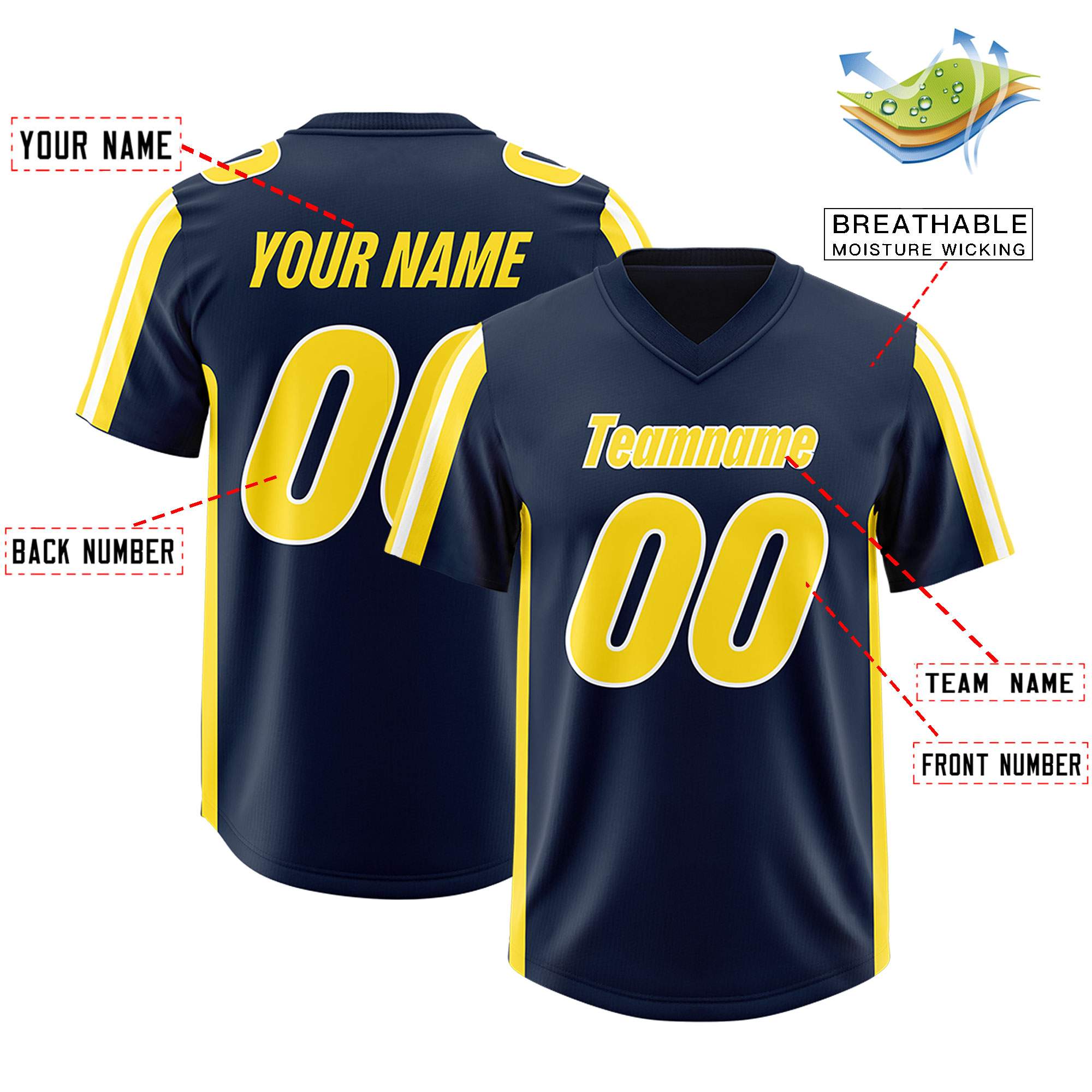 Custom Navy Gold and White Side Stripe Pattern Authentic American Football Jersey