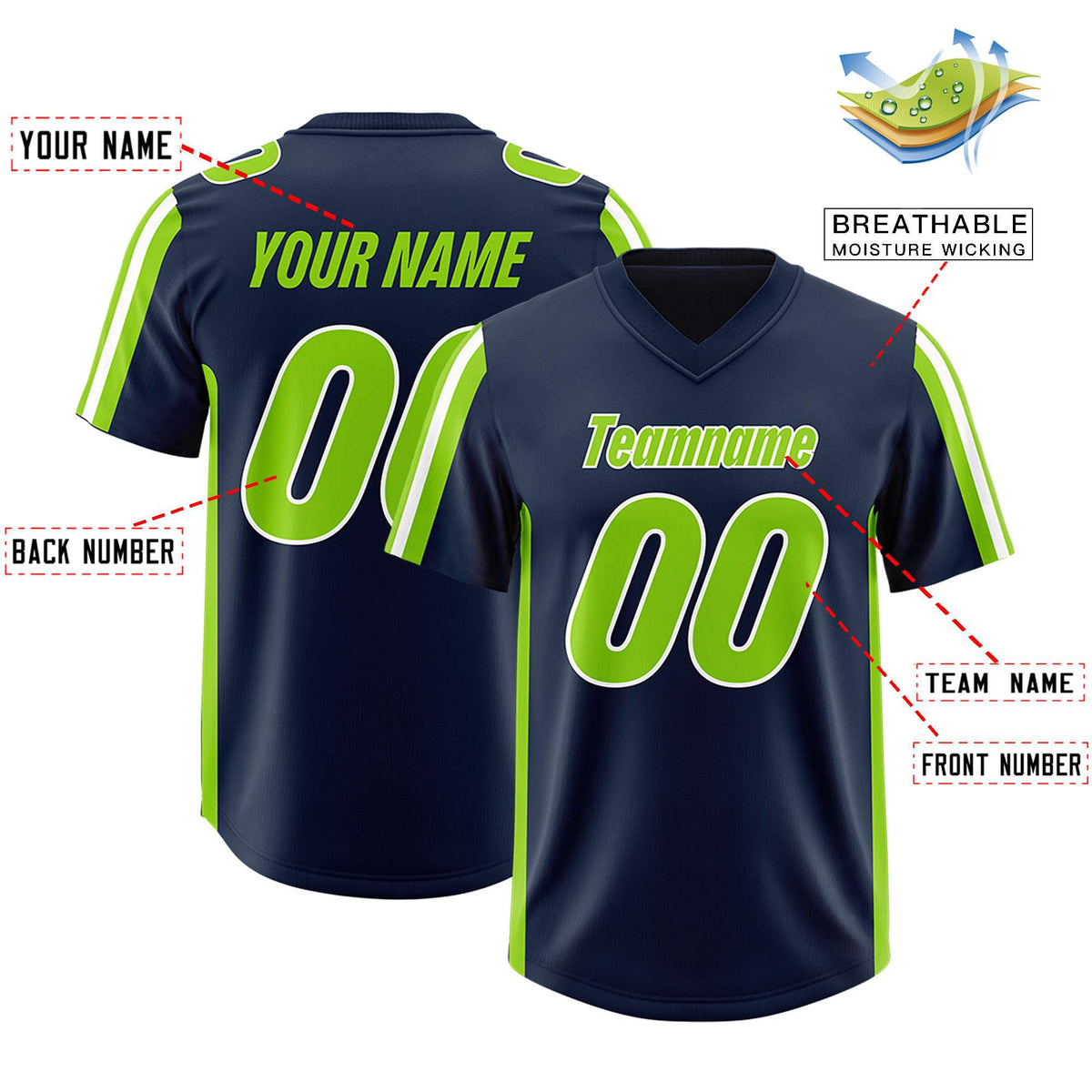 Custom Navy Neon Green and White Side Stripe Pattern Authentic American Football Jersey