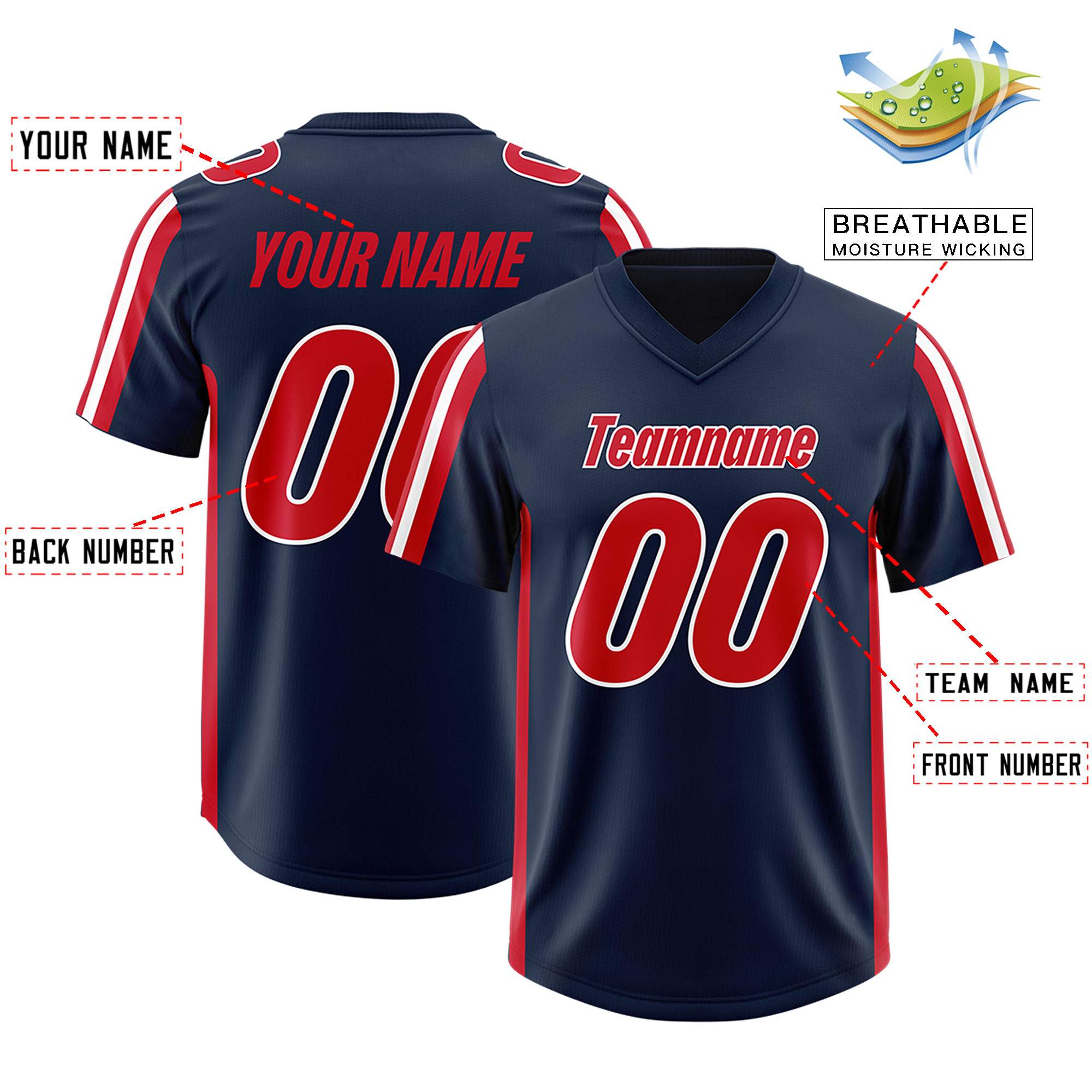 Custom Navy Red and White Side Stripe Pattern Authentic American Football Jersey