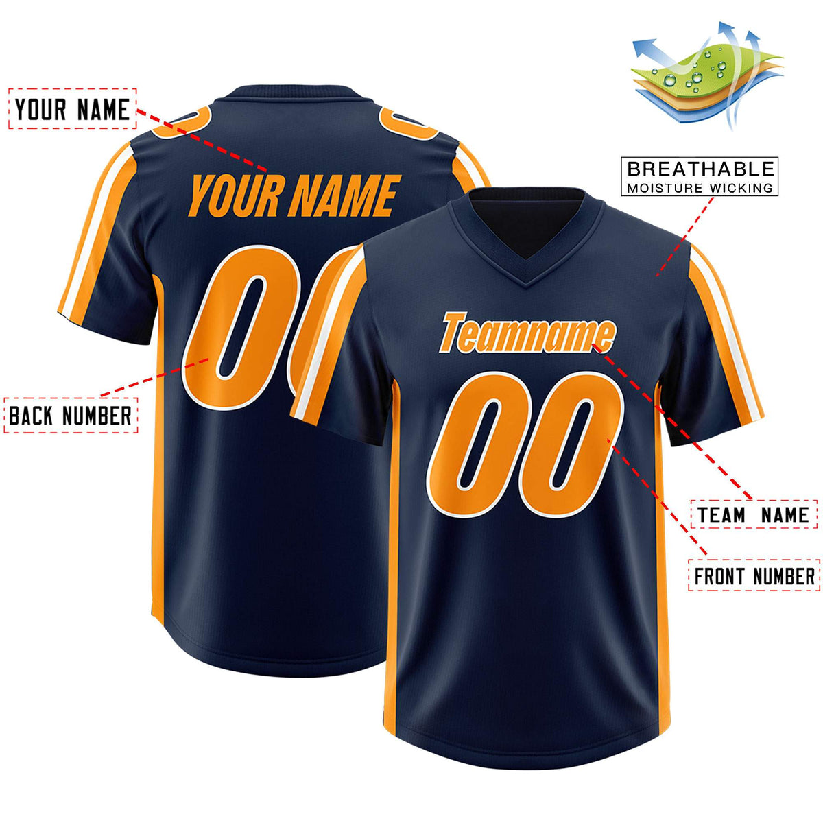 Custom Navy Orange and White Side Stripe Pattern Authentic American Football Jersey