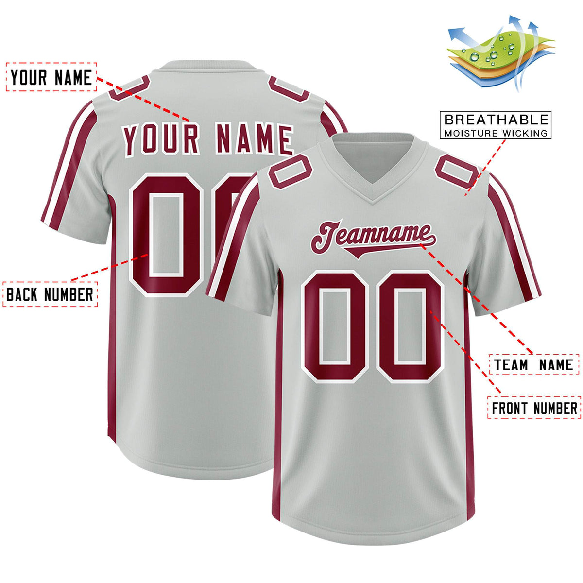 Custom Gray Crimson and White Side Stripe Pattern Authentic American Football Jersey