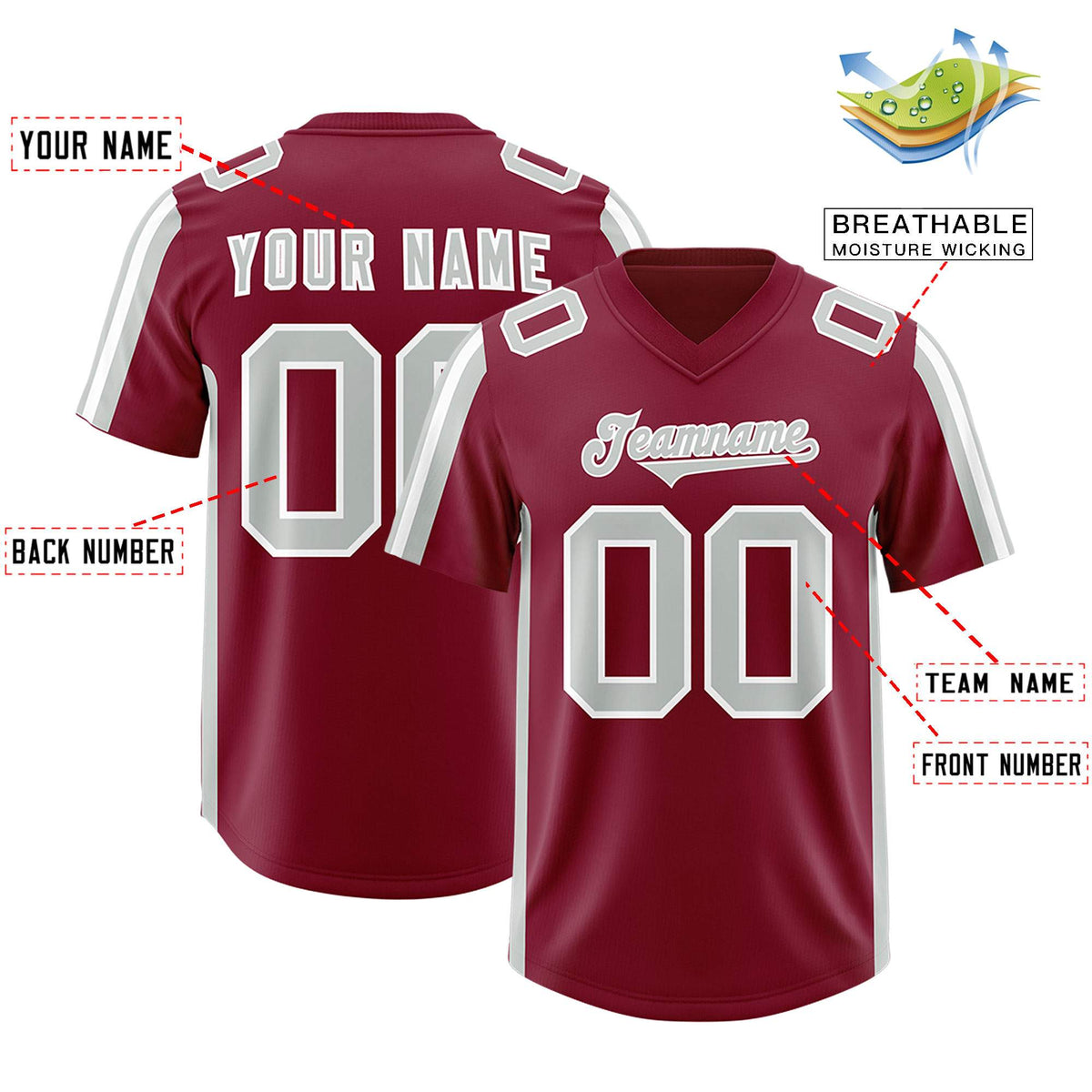 Custom Cardinal Gray and White Side Stripe Pattern Authentic American Football Jersey
