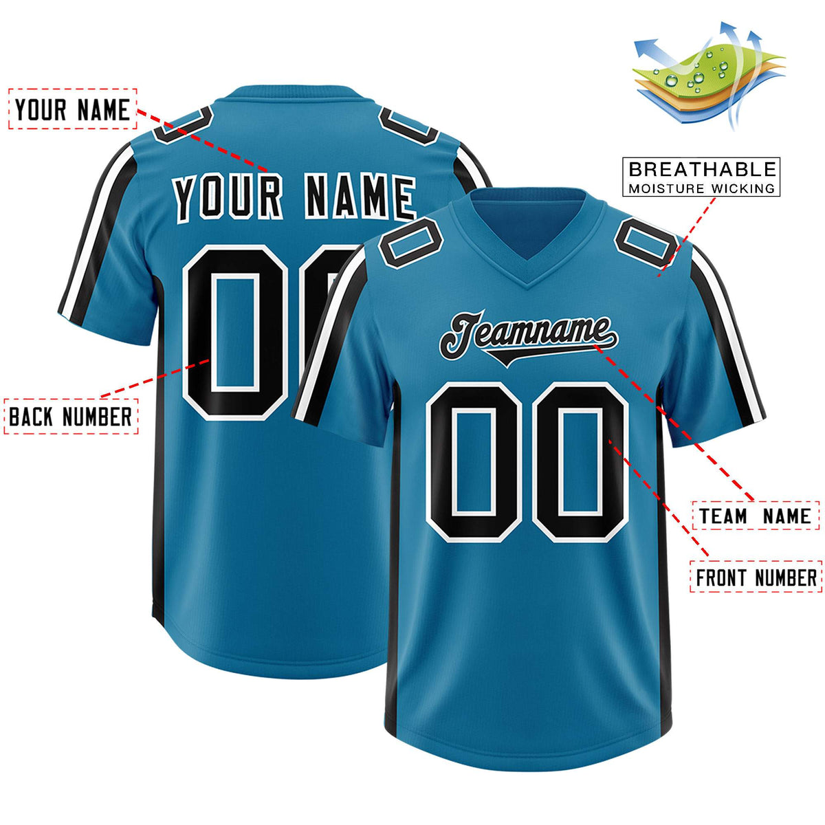 Custom Panther Blue Black and White Side Stripe Pattern Authentic American Football Jersey