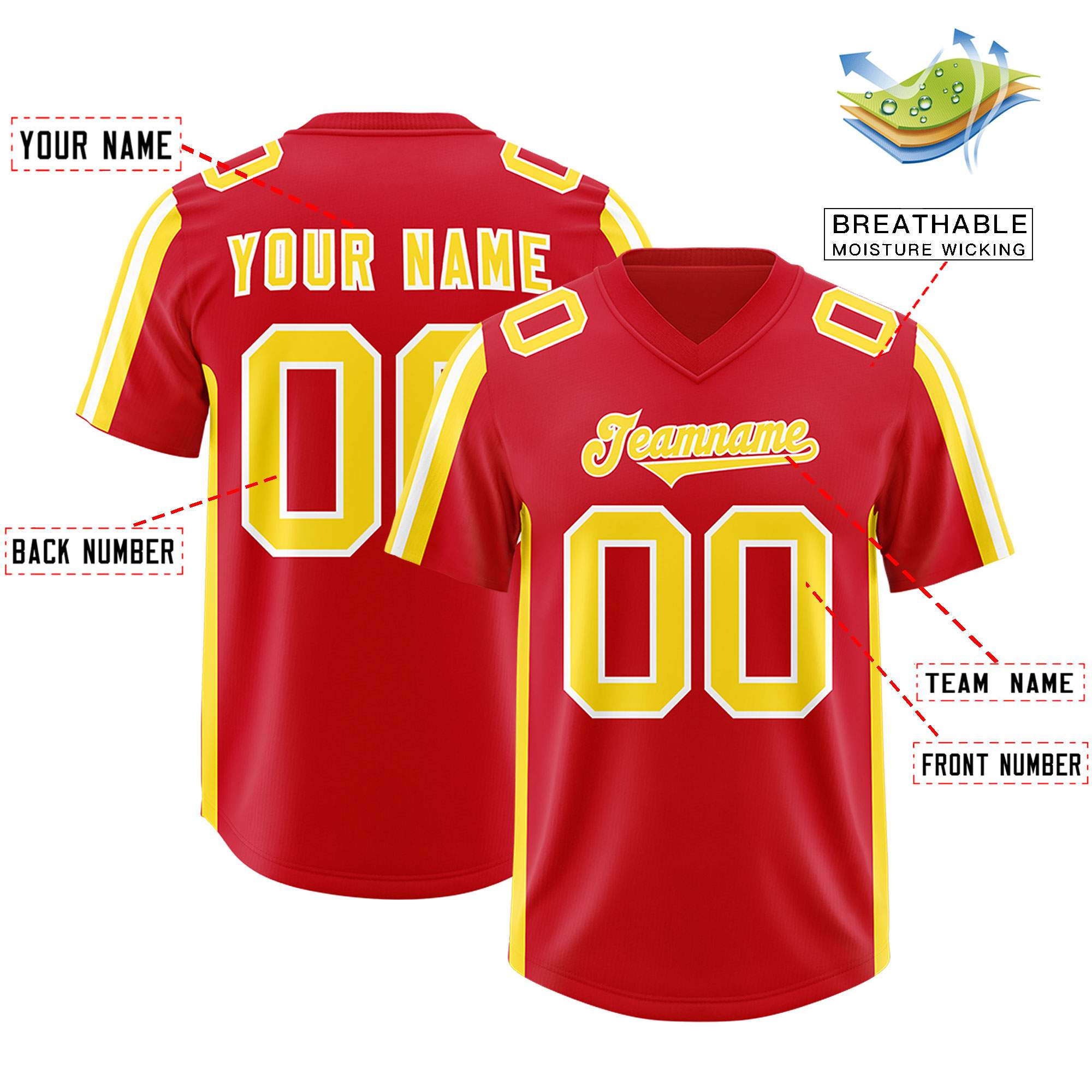 Custom Red Gold and White Side Stripe Pattern Authentic American Football Jersey