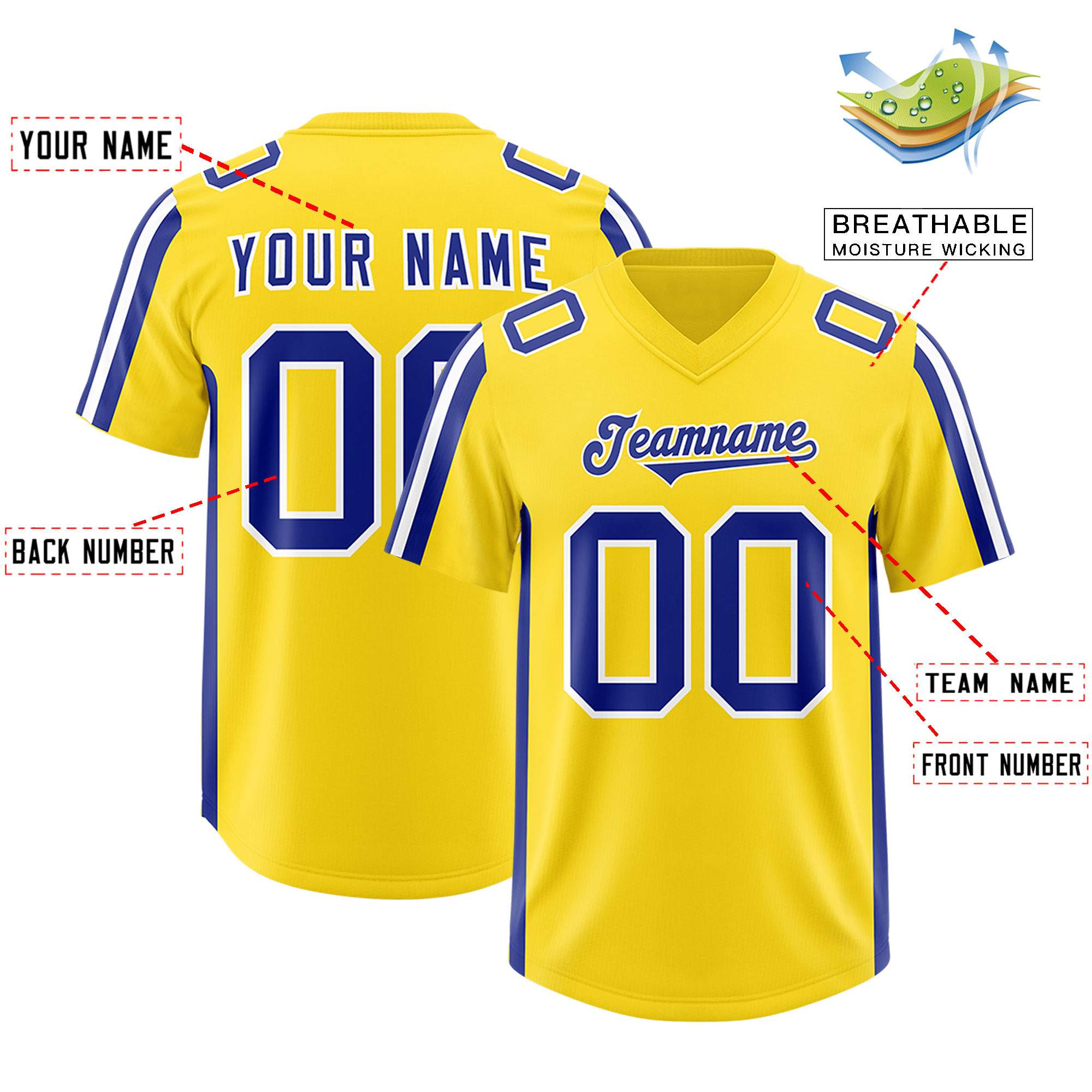 Custom Gold Royal and White Side Stripe Pattern Authentic American Football Jersey