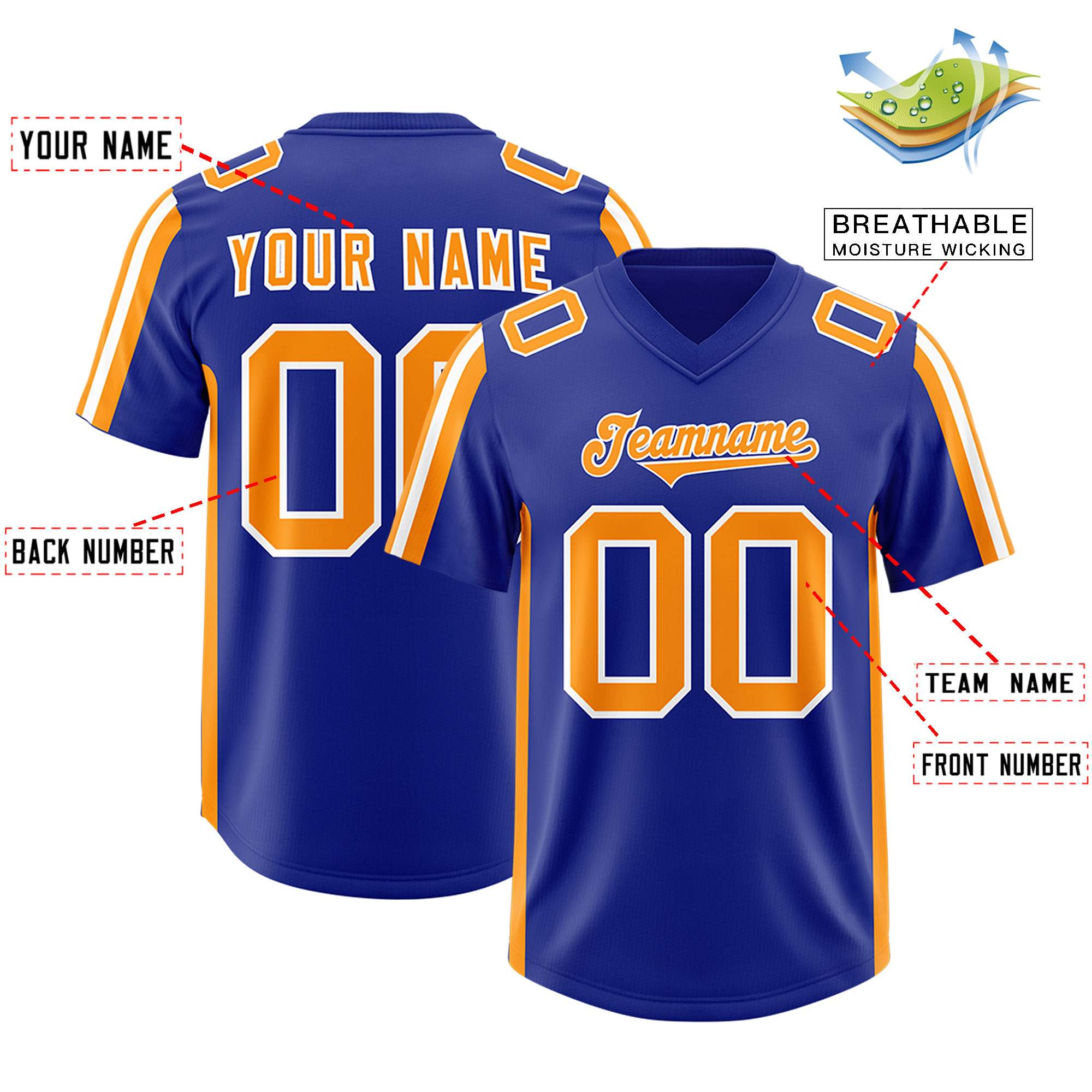 Custom Royal Gold Orange and White Side Stripe Pattern Authentic American Football Jersey
