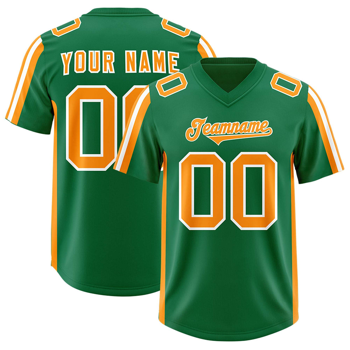 Custom Kelly Green Gold Orange and White Side Stripe Pattern Authentic American Football Jersey