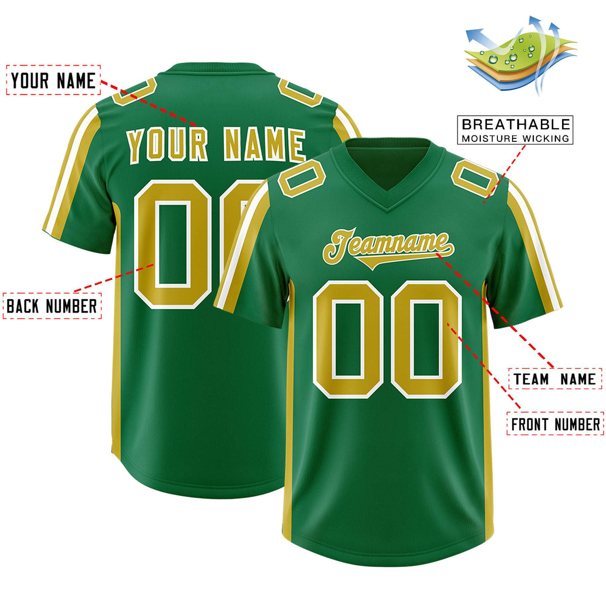 Custom Kelly Green Old Gold and White Side Stripe Pattern Authentic American Football Jersey