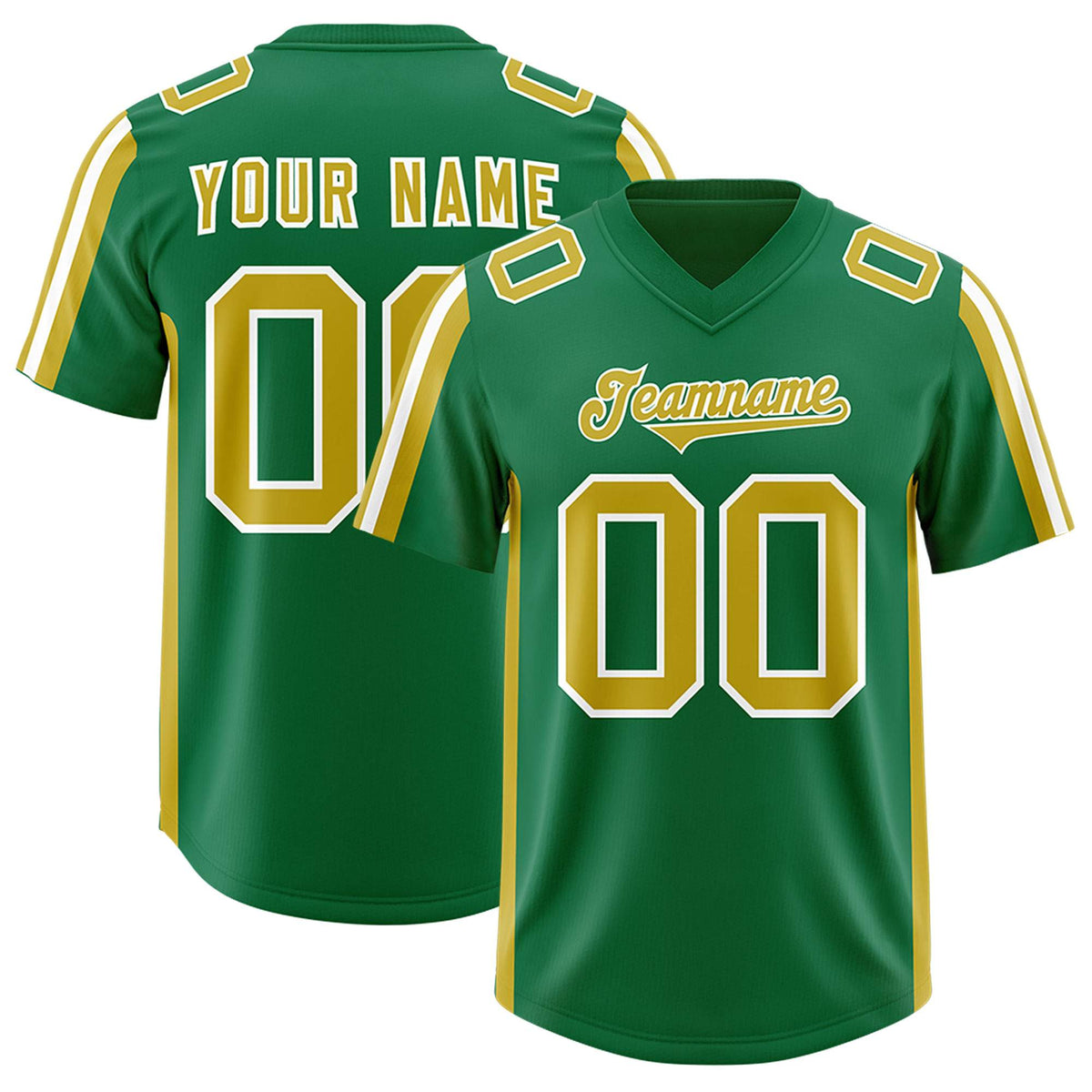 Custom Kelly Green Old Gold and White Side Stripe Pattern Authentic American Football Jersey