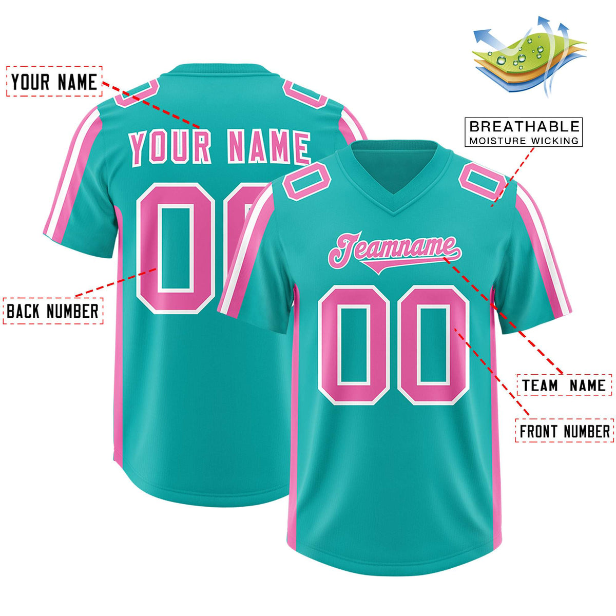 Custom Aqua Pink and White Side Stripe Pattern Authentic American Football Jersey