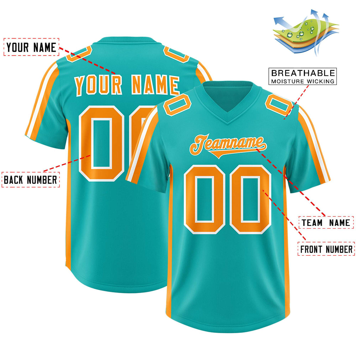 Custom Aqua Orange and White Side Stripe Pattern Authentic American Football Jersey