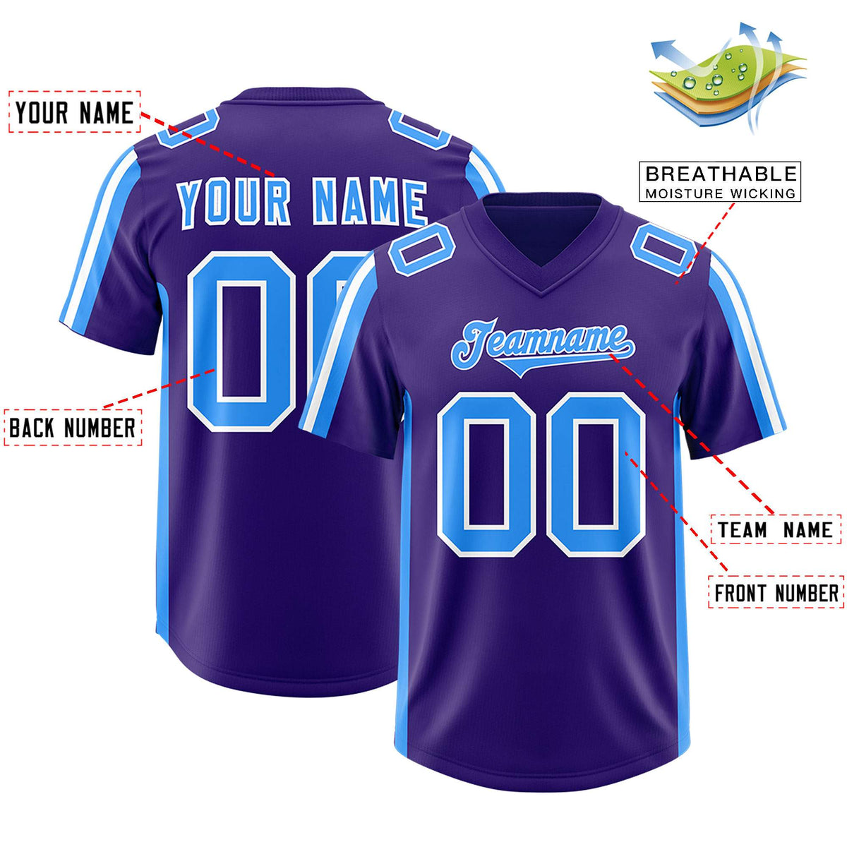 Custom Purple Light Blue and White Side Stripe Pattern Authentic American Football Jersey