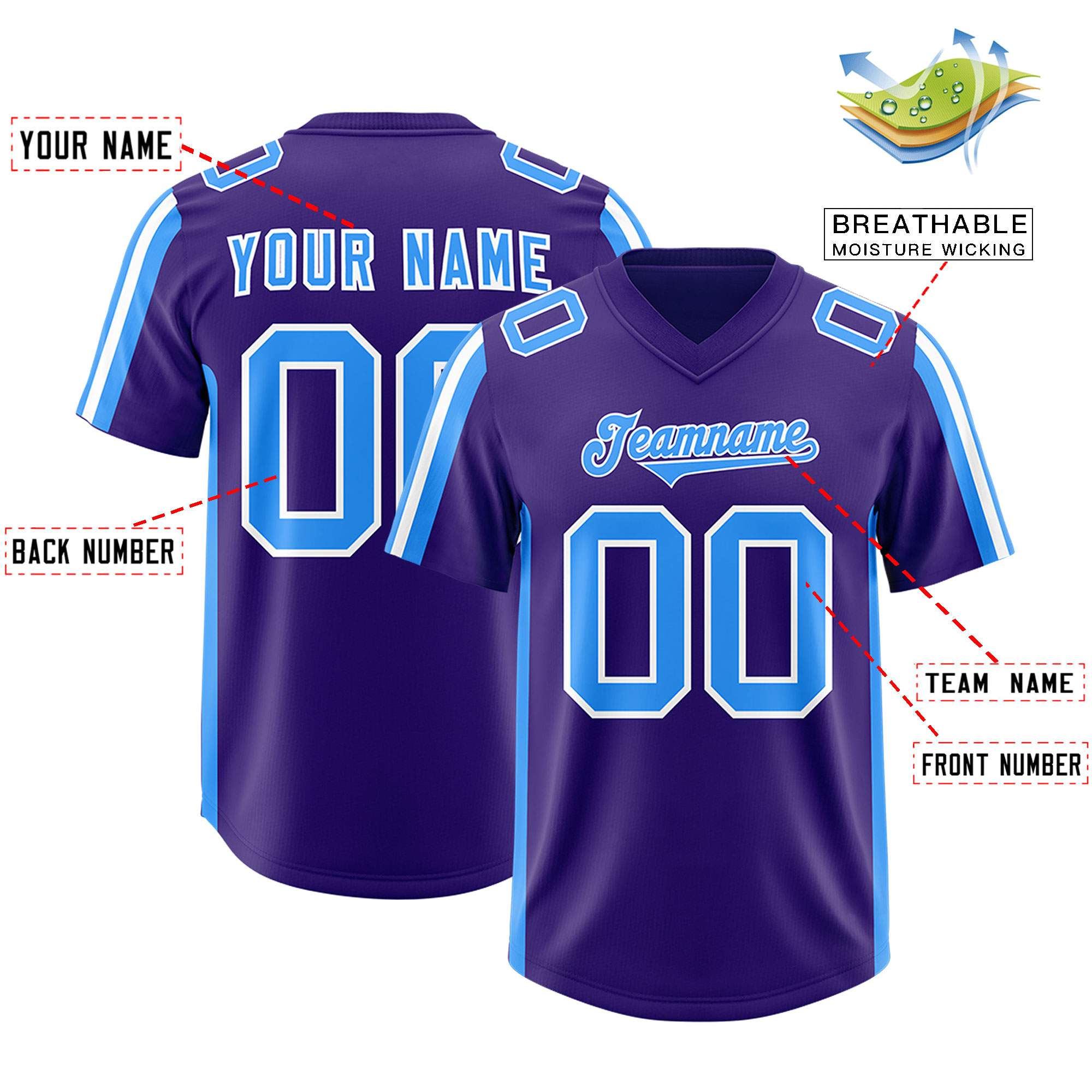Custom Purple Light Blue and White Side Stripe Pattern Authentic American Football Jersey