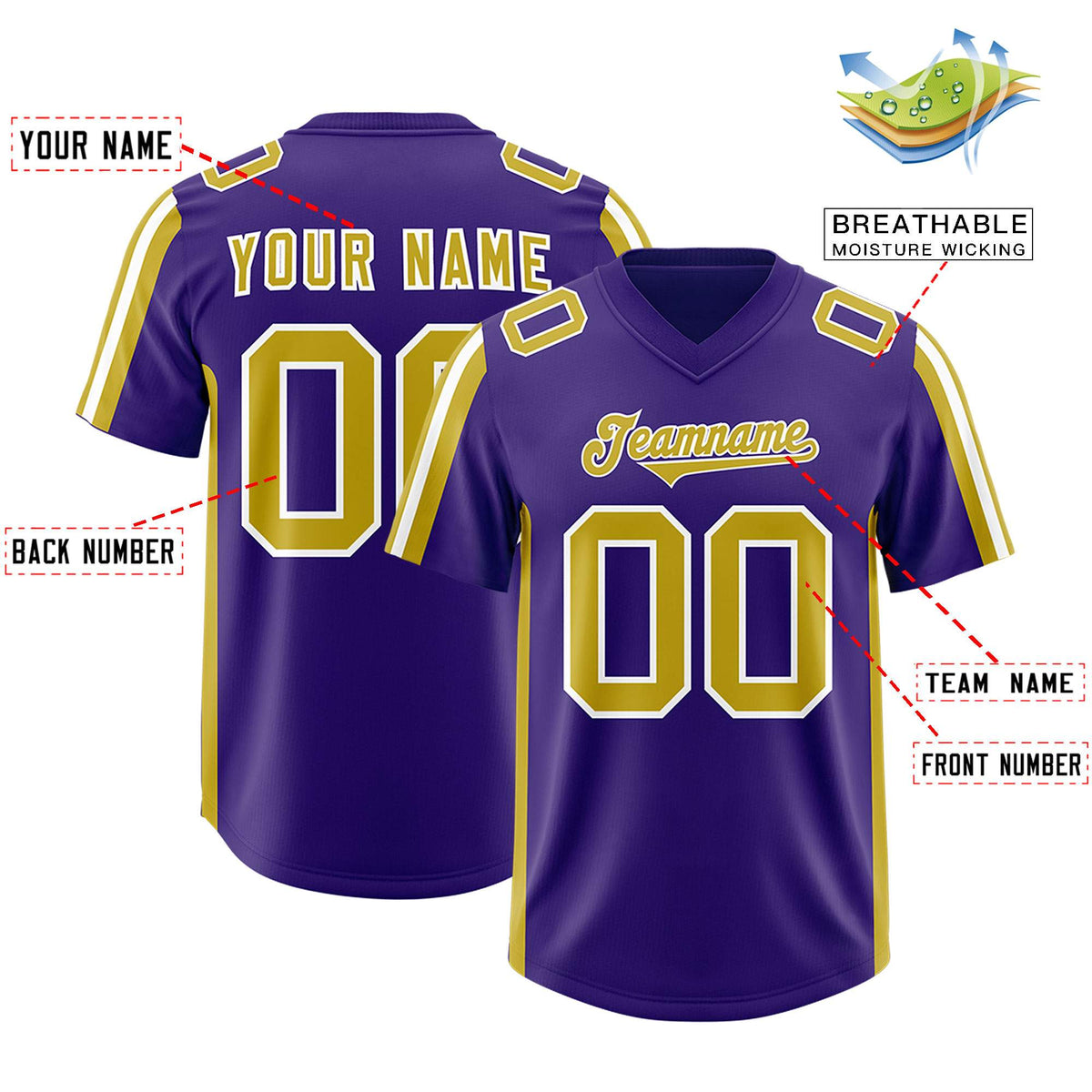 Custom Purple Old Gold and White Side Stripe Pattern Authentic American Football Jersey