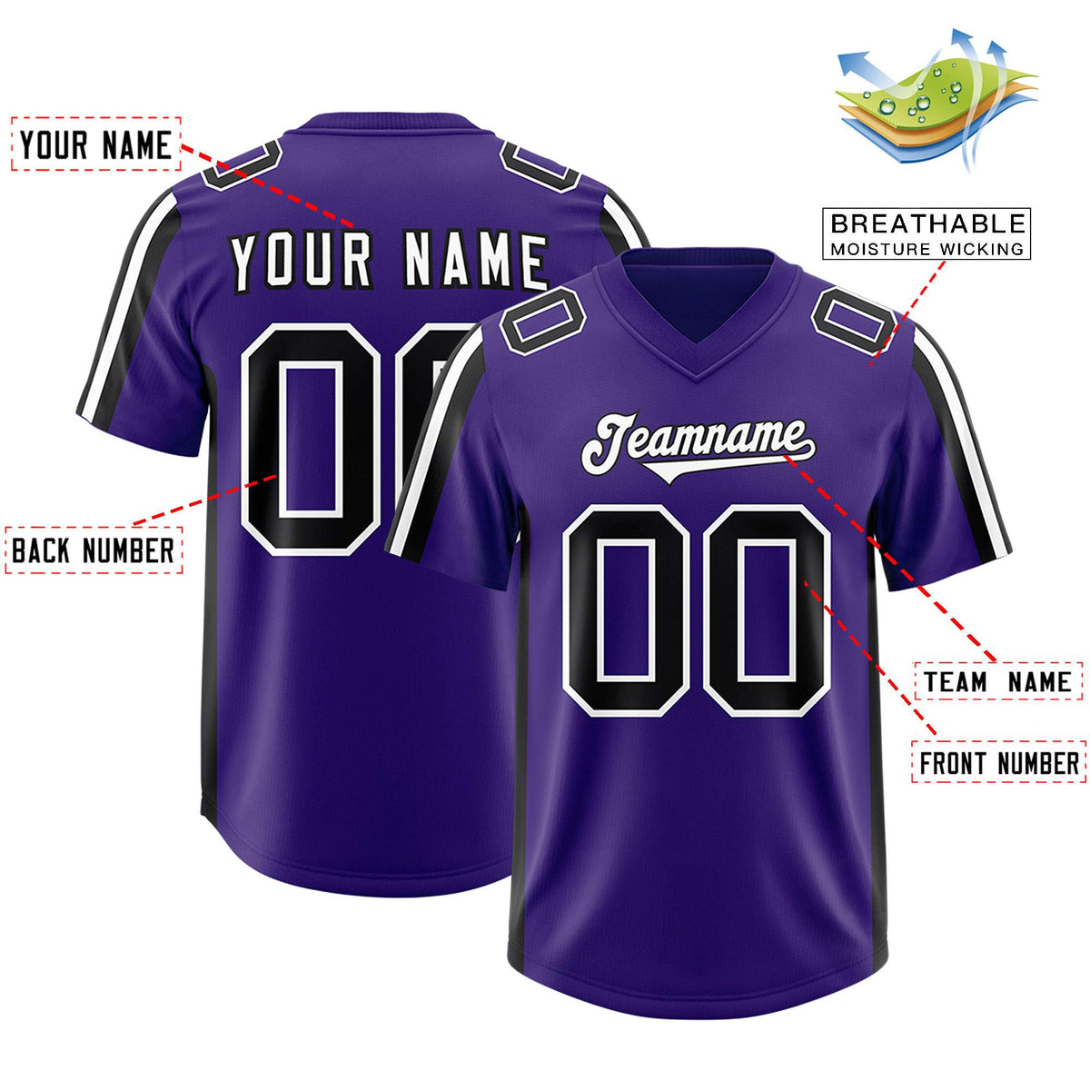 Custom Purple Black and White Side Stripe Pattern Authentic American Football Jersey