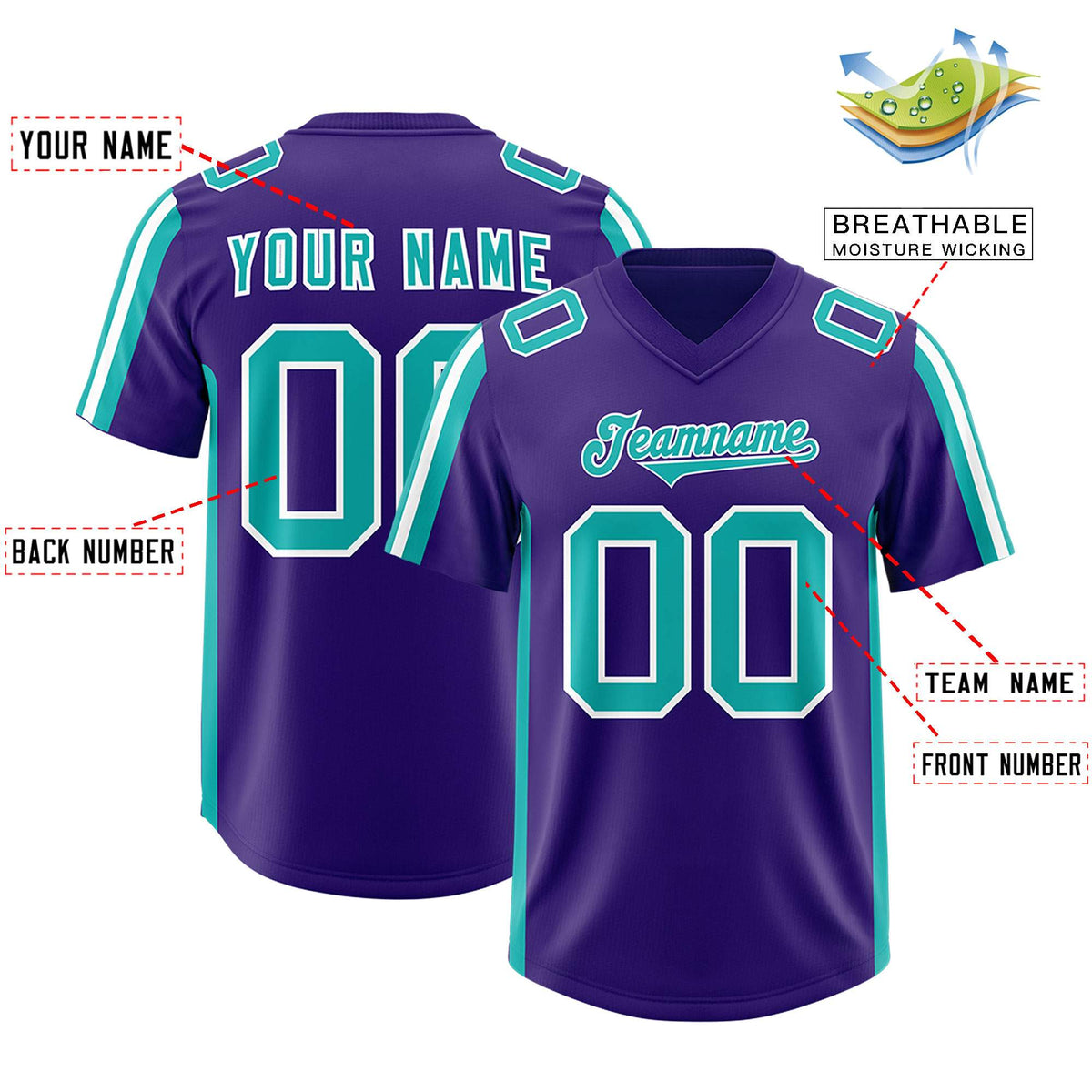 Custom Purple Aqua and White Side Stripe Pattern Authentic American Football Jersey
