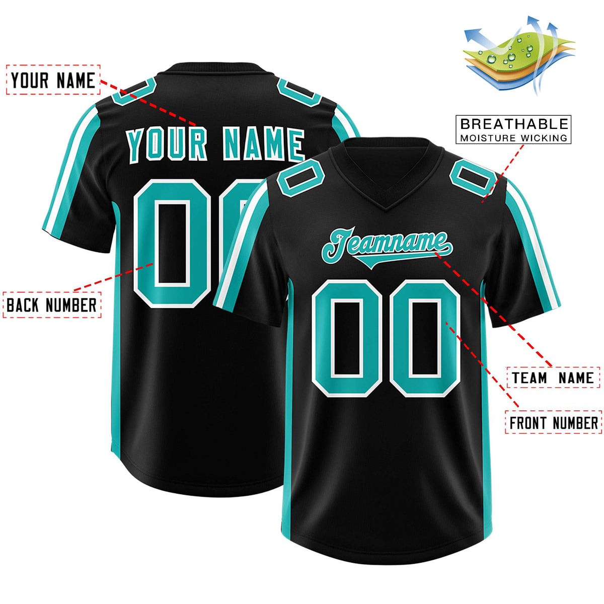 Custom Black Aqua and White Side Stripe Pattern Authentic American Football Jersey