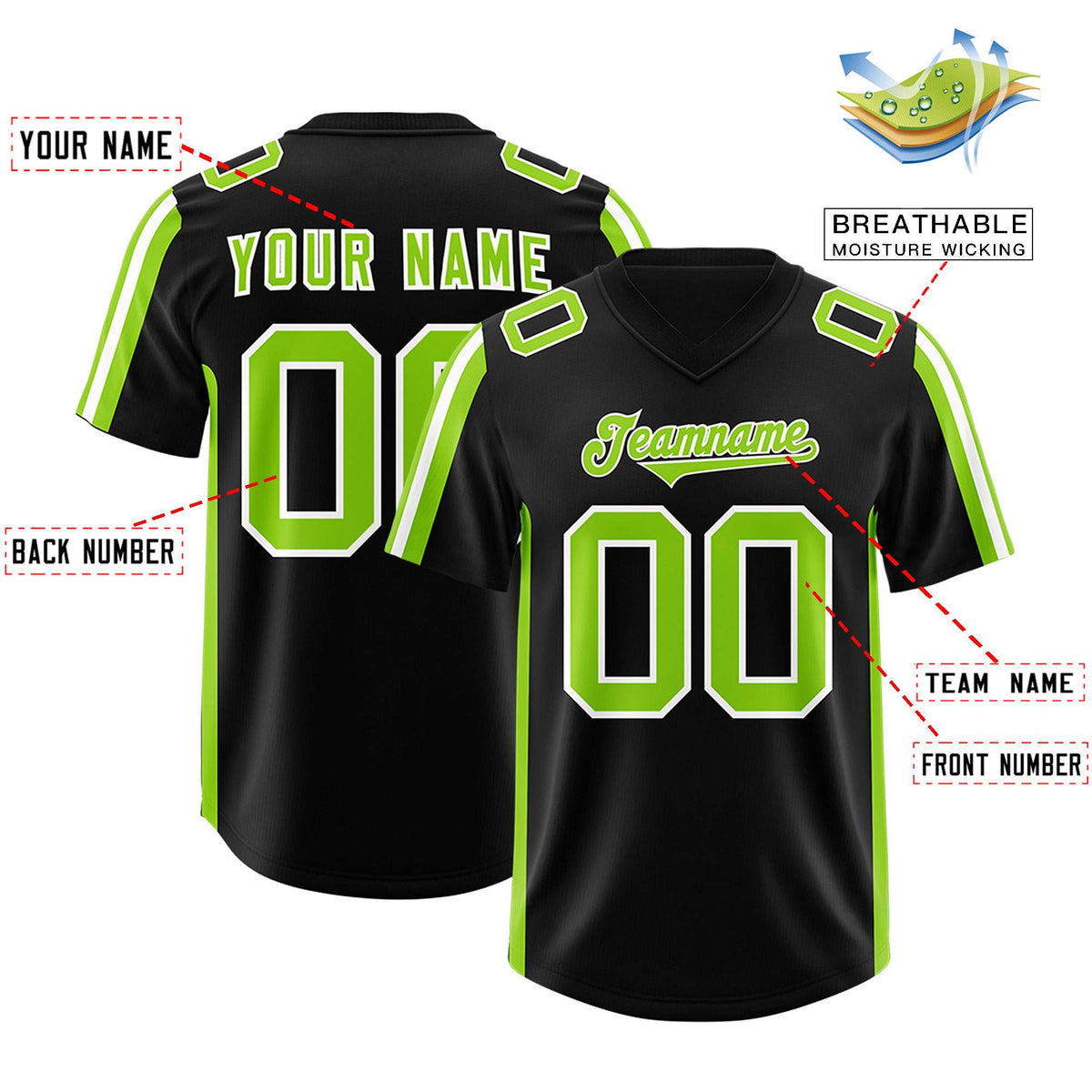 Custom Black Neon Green and White Side Stripe Pattern Authentic American Football Jersey