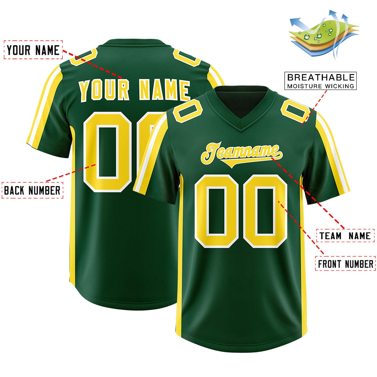 Custom Green Gold and White Side Stripe Pattern Authentic American Football Jersey