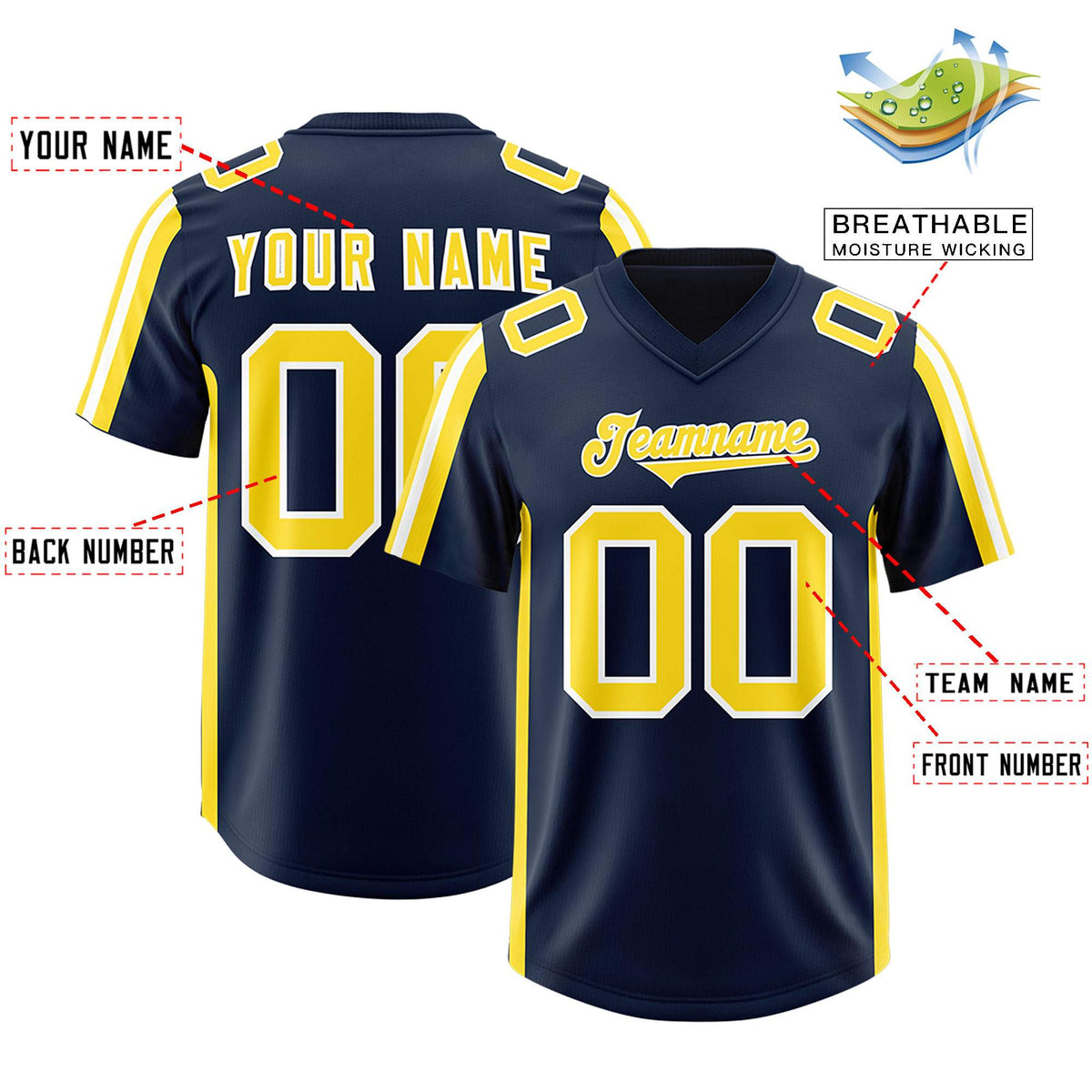 Custom Navy Gold and White Side Stripe Pattern Authentic American Football Jersey