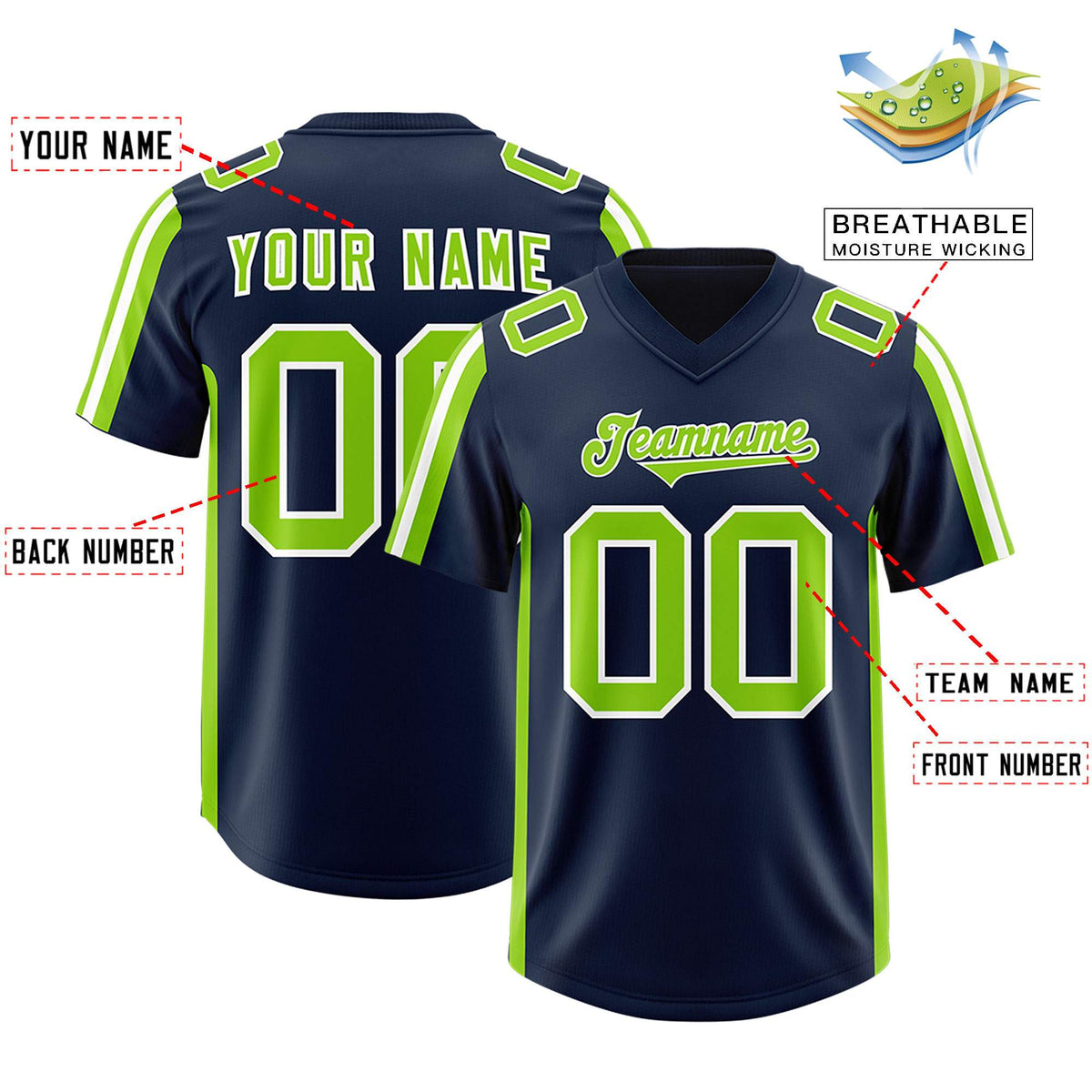 Custom Navy Neon Green and White Side Stripe Pattern Authentic American Football Jersey