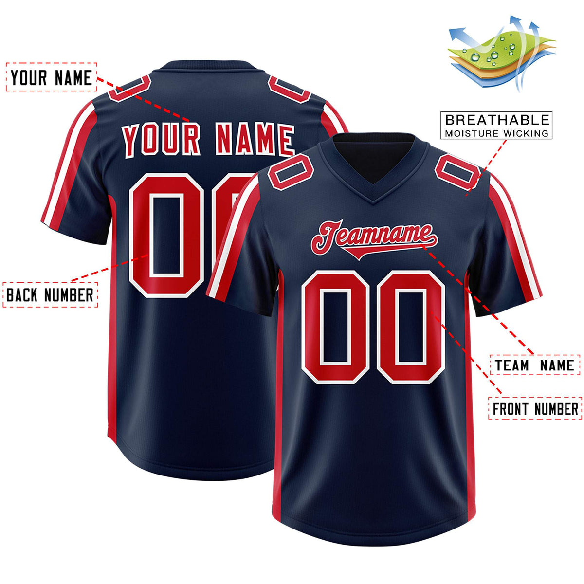 Custom Navy Red and White Side Stripe Pattern Authentic American Football Jersey